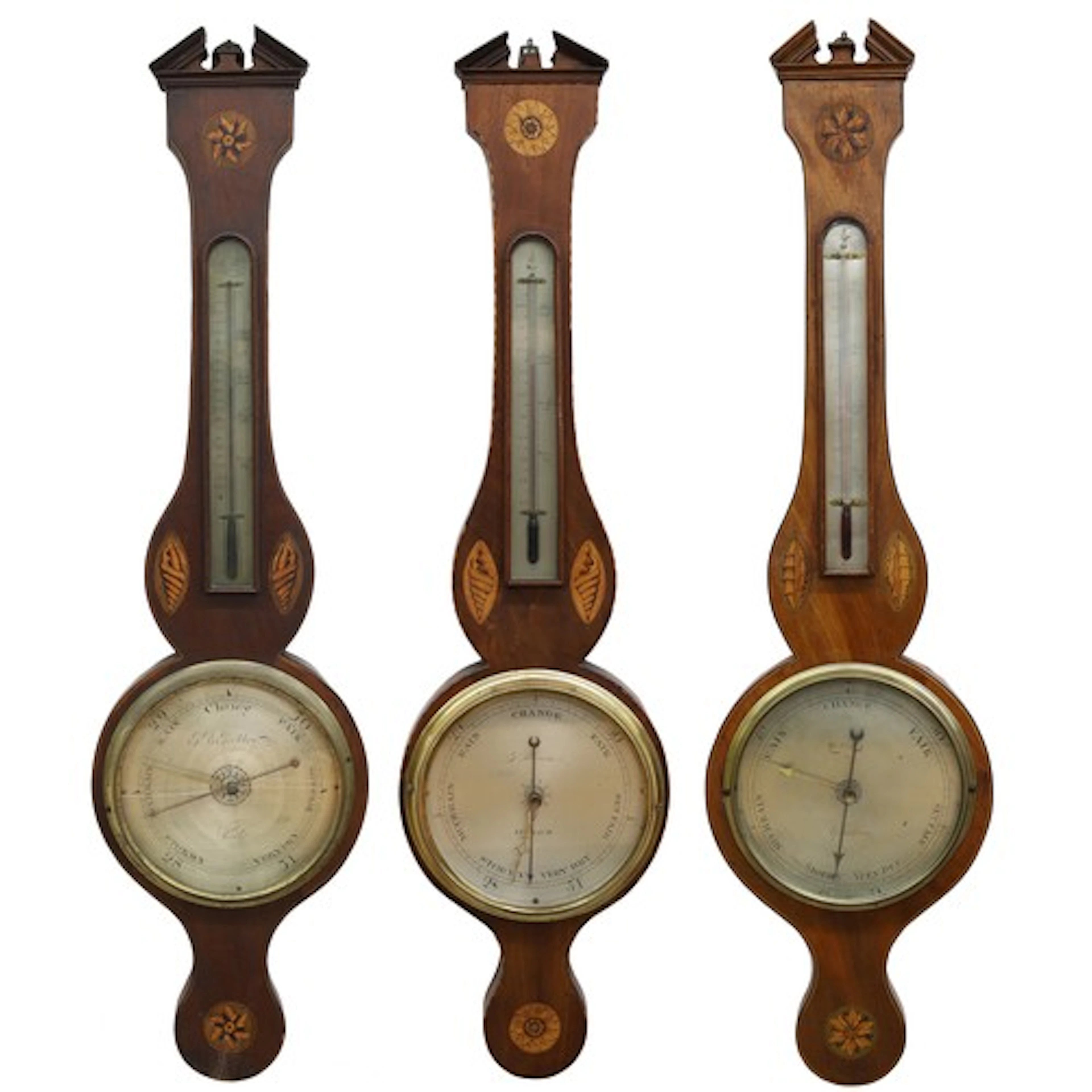 Group of three 19th century shell inlaid mahogany wheel baro...