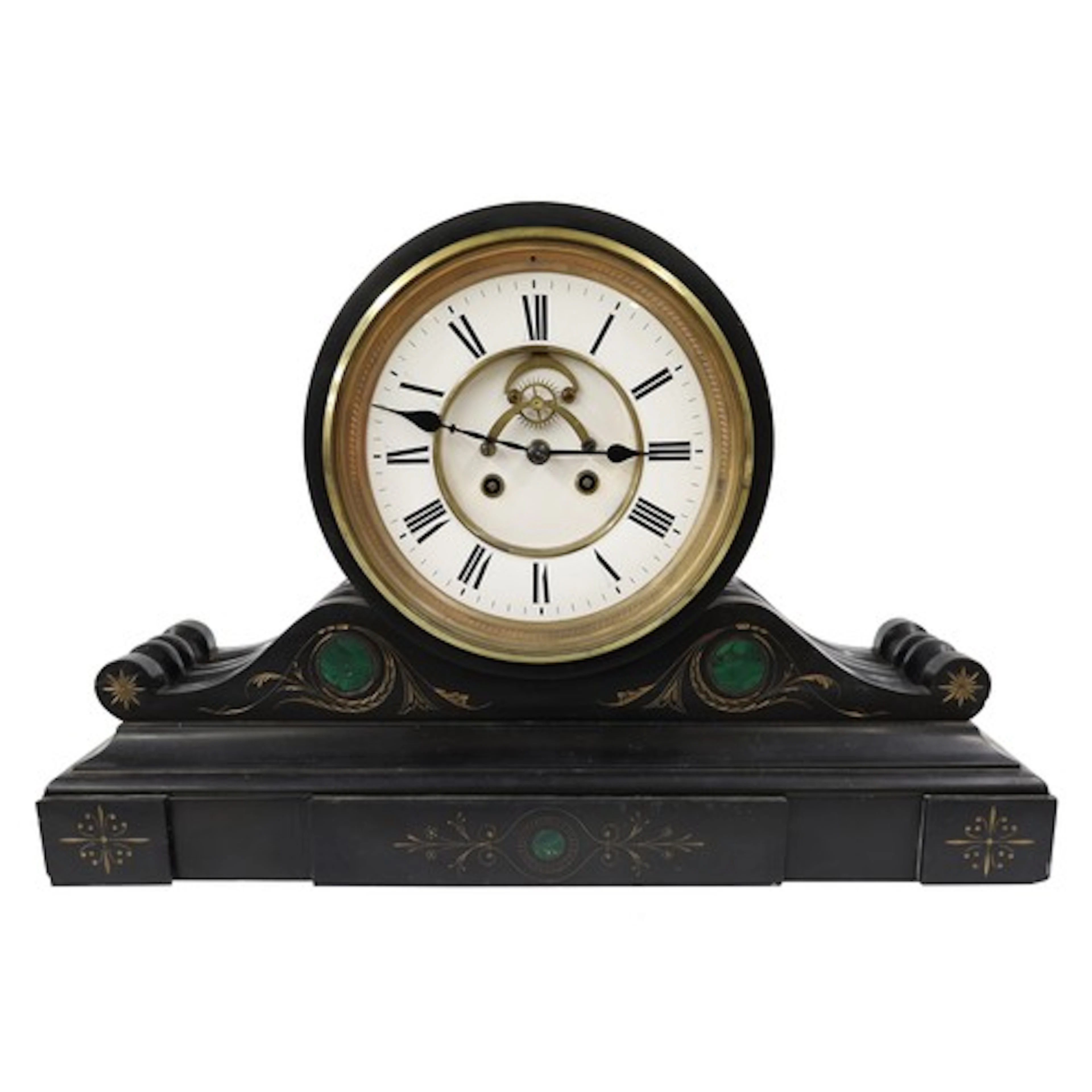 Large late 19th century French black slate and malachite dru...