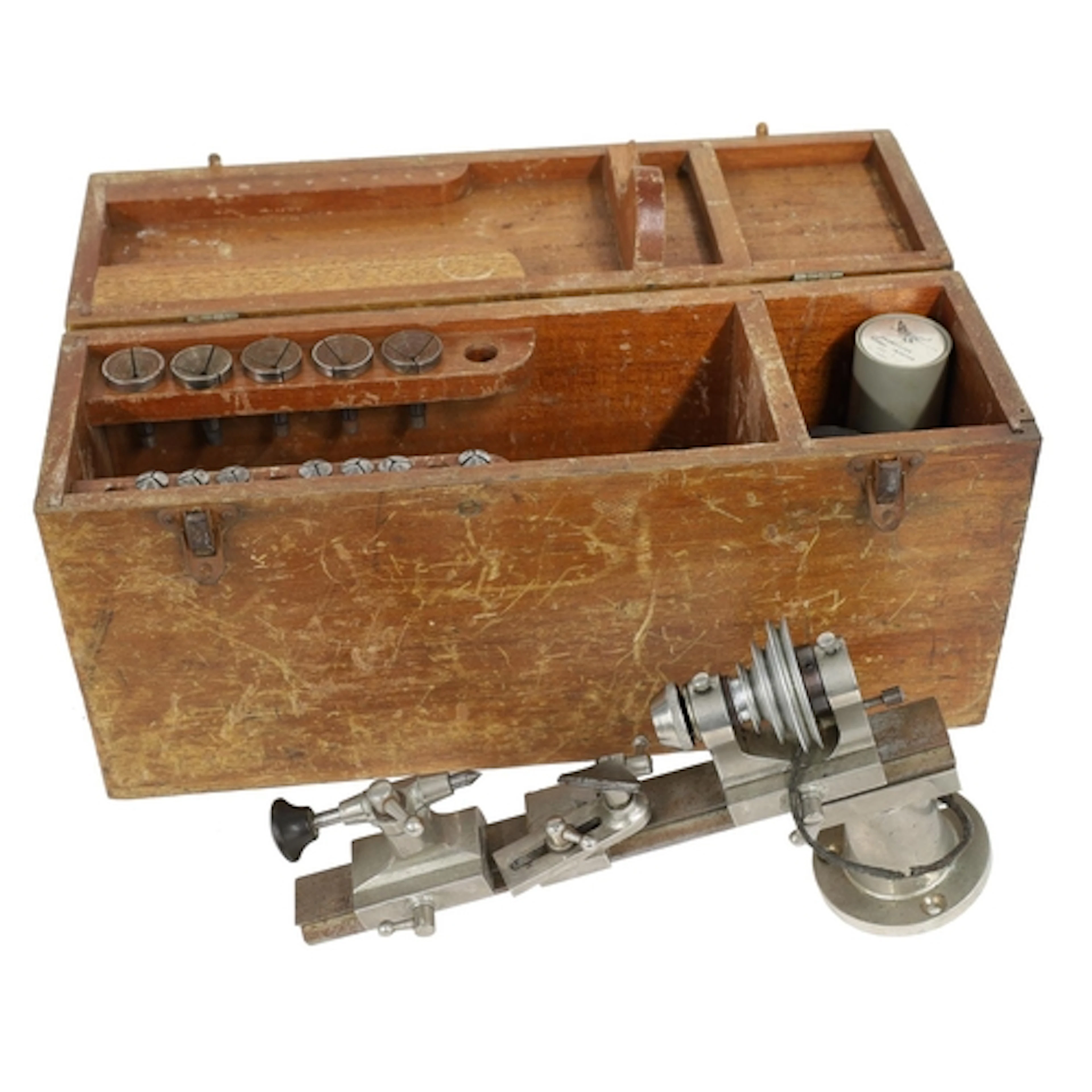 Ime lathe, with a selection of accessories, within a wooden ...