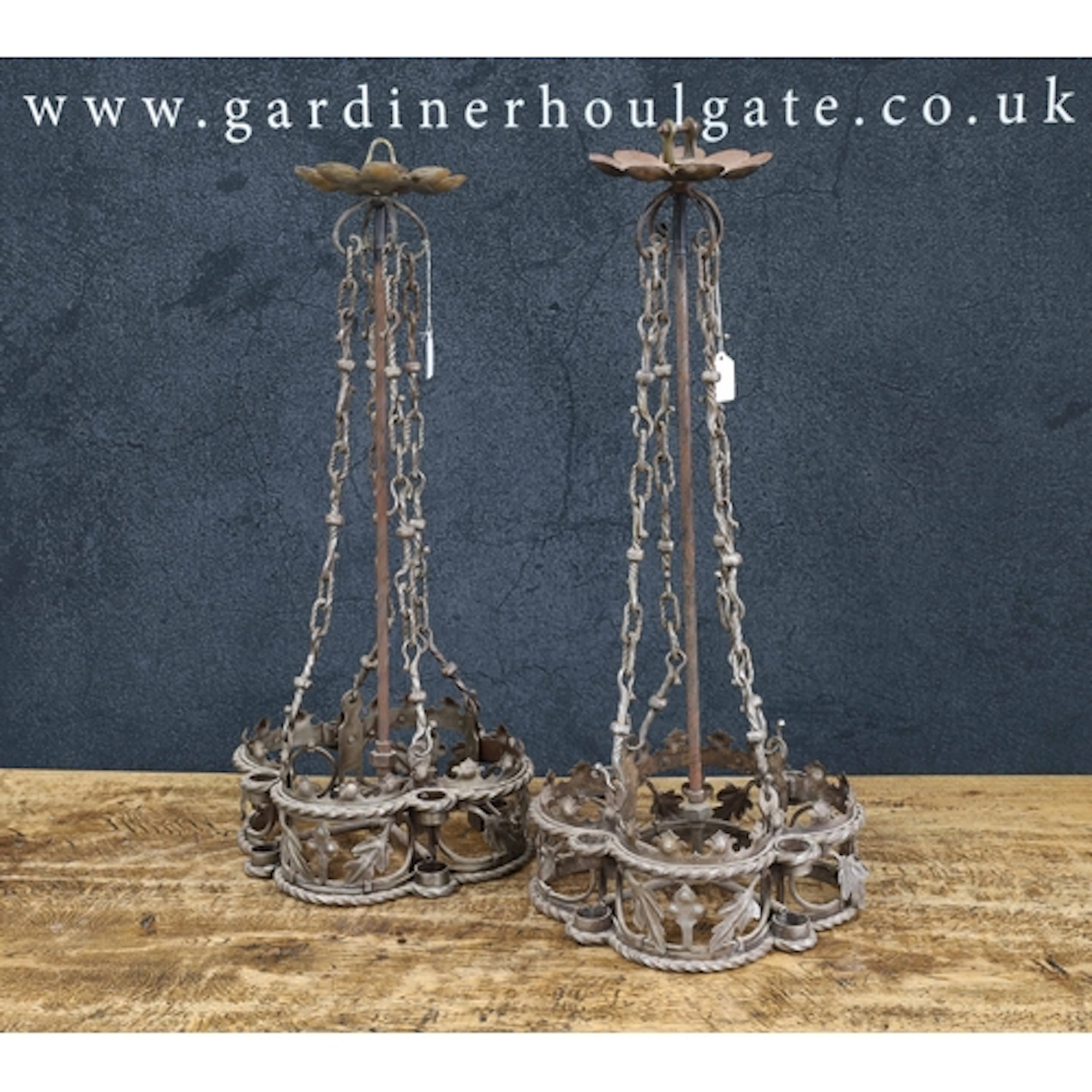 Pair of Gothic style iron pendant candle holders/chandelier,...