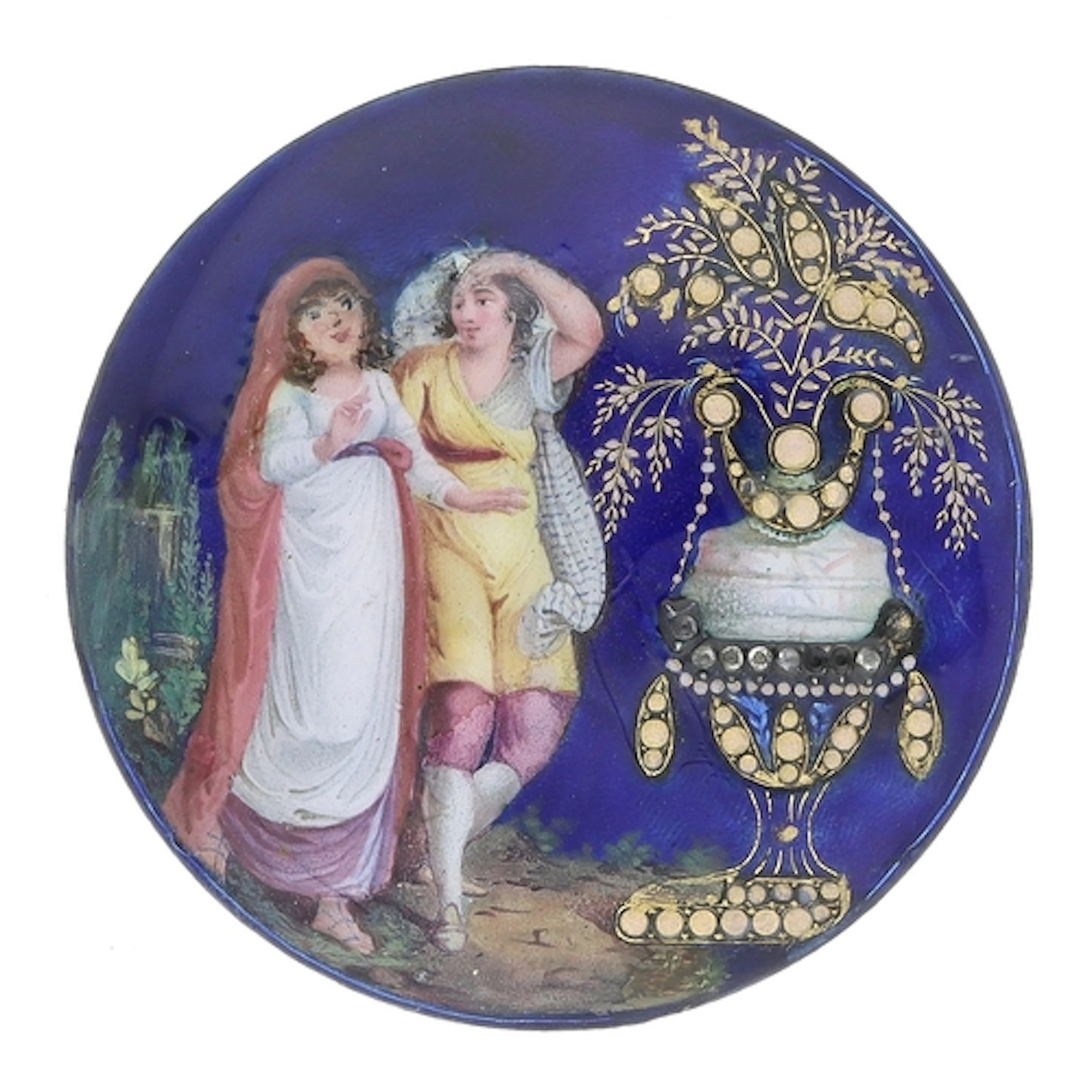 Attractive enamelled pocket watch case back, depicting two l...