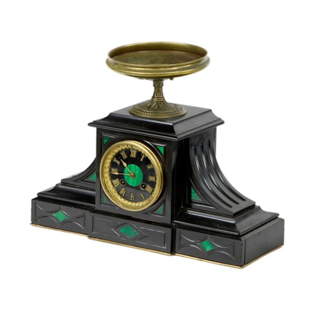Late 19th century French black slate and malachite two train...