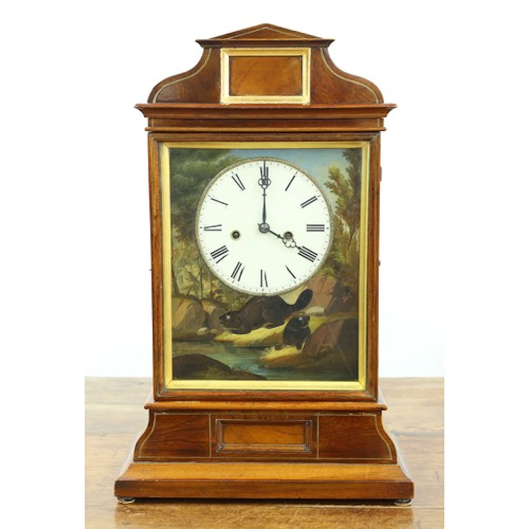 Fine German Black Forest automaton mahogany table clock by R...