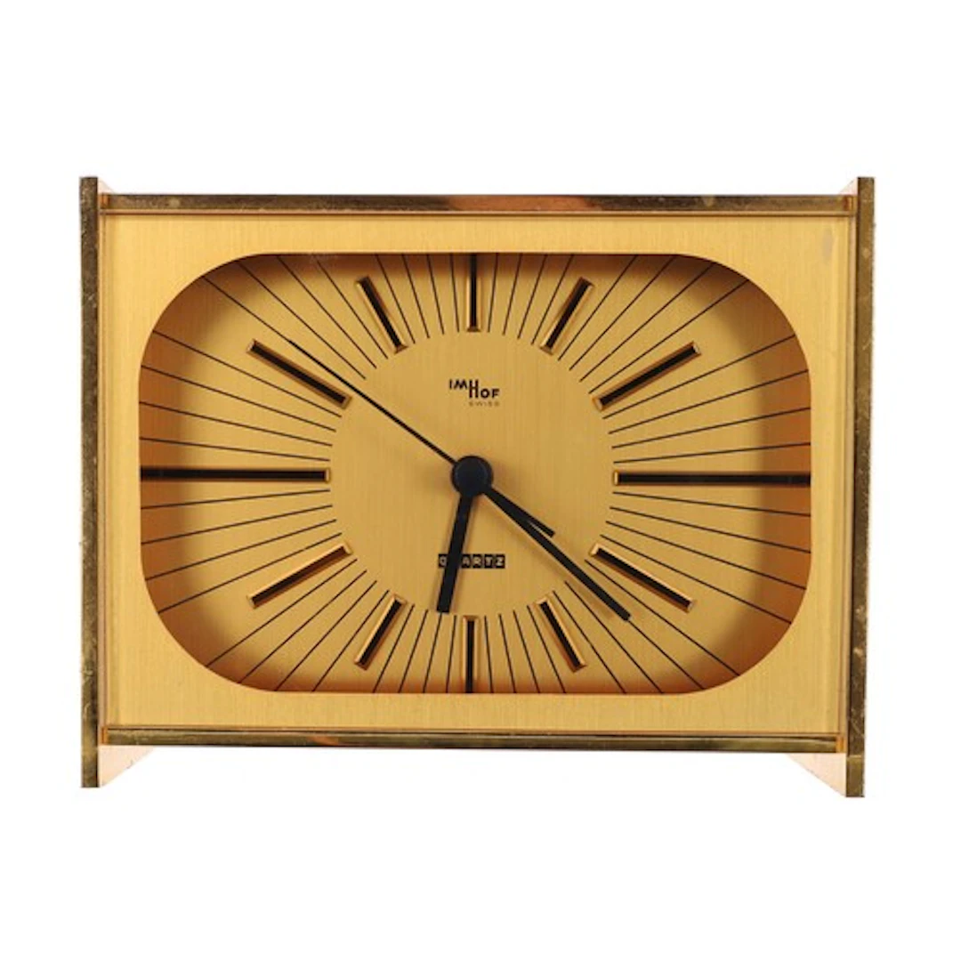 Swiss Imhof Quartz rectangular brass desk clock, the gilded ...
