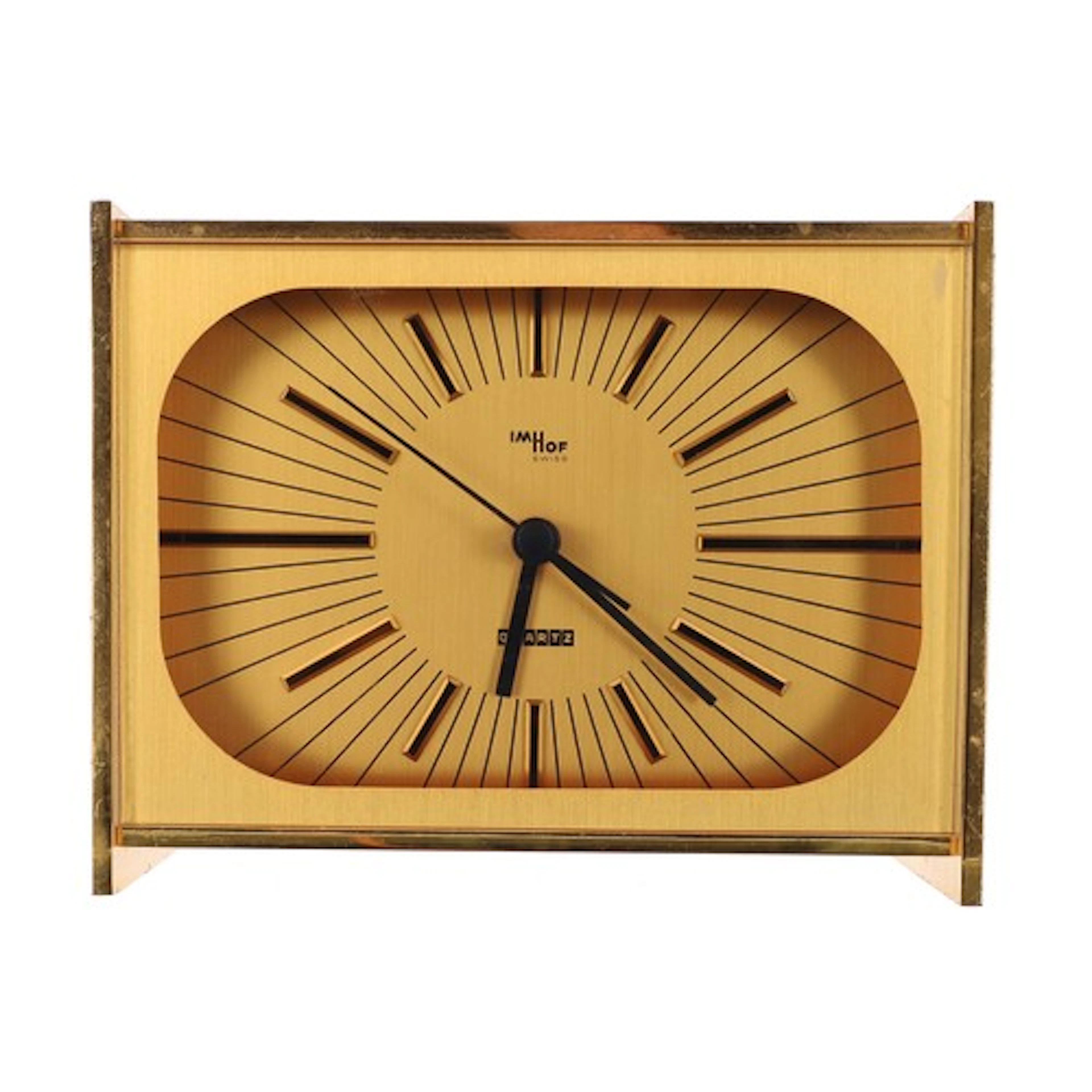 Swiss Imhof Quartz rectangular brass desk clock, the gilded ...