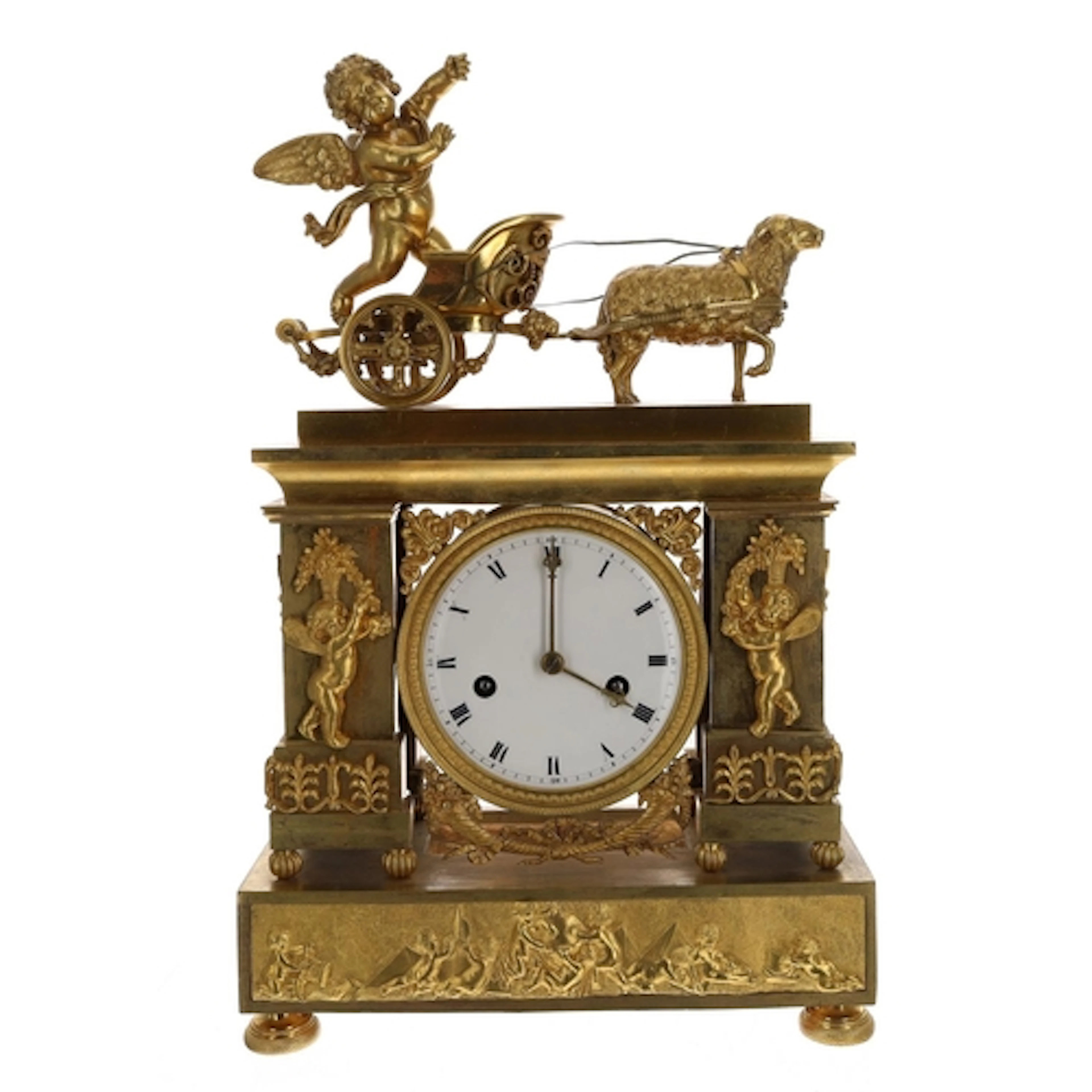 French Empire ormolu mantel clock, the enamel 4.25" Roman nu...