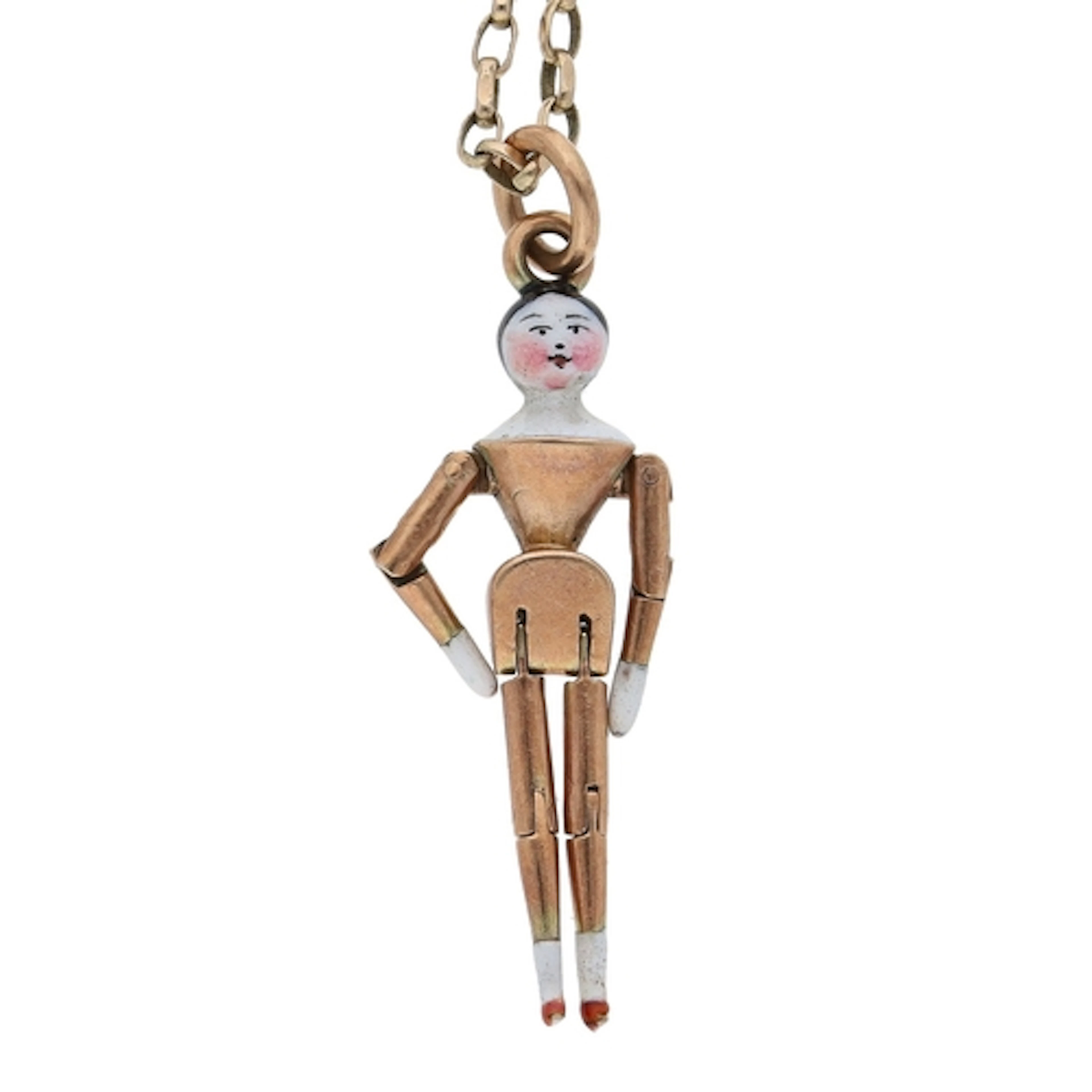 Rare novelty articulated peg doll gold and enamel charm, 2.2...