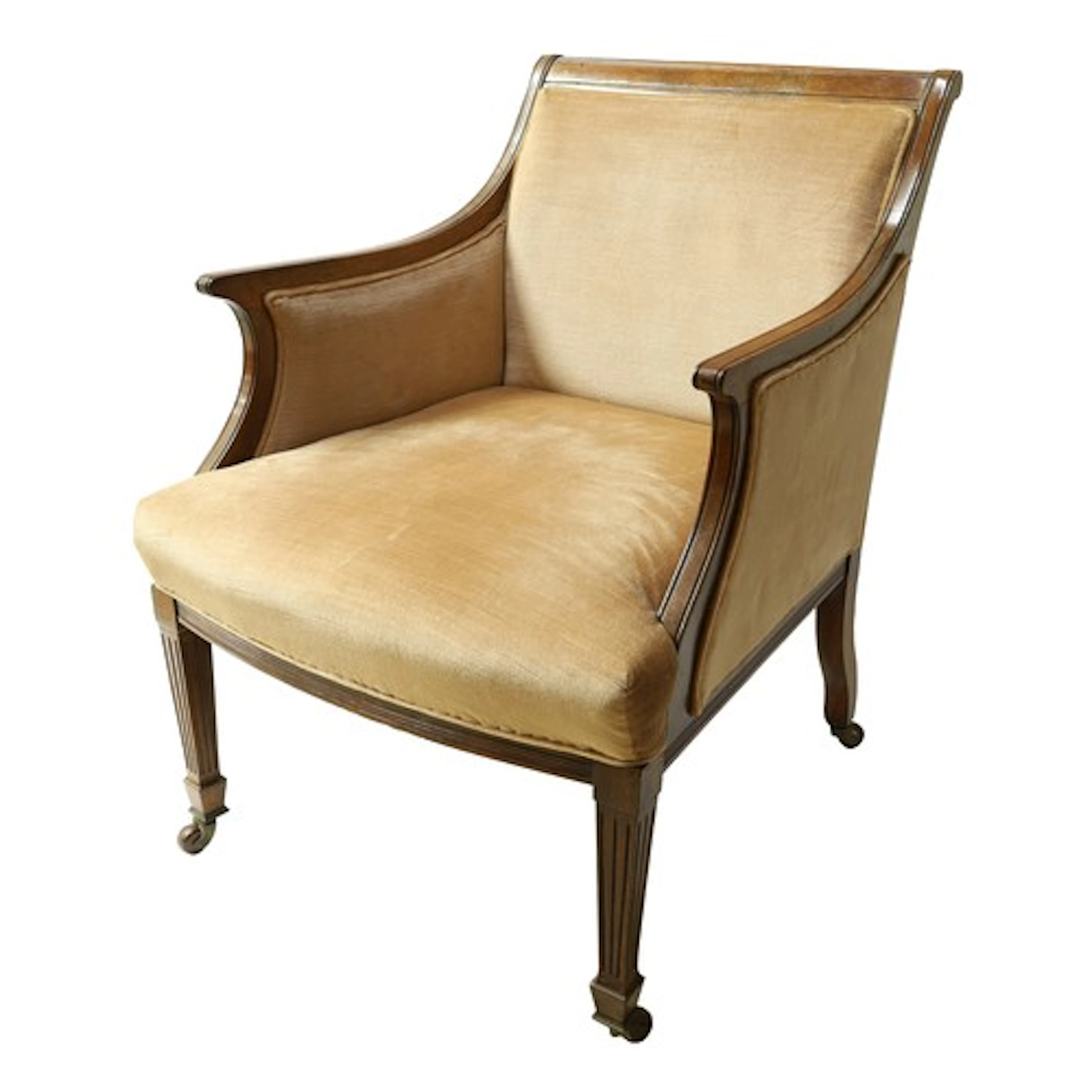 Late Victorian rosewood upholstered low armchair, raised upo...
