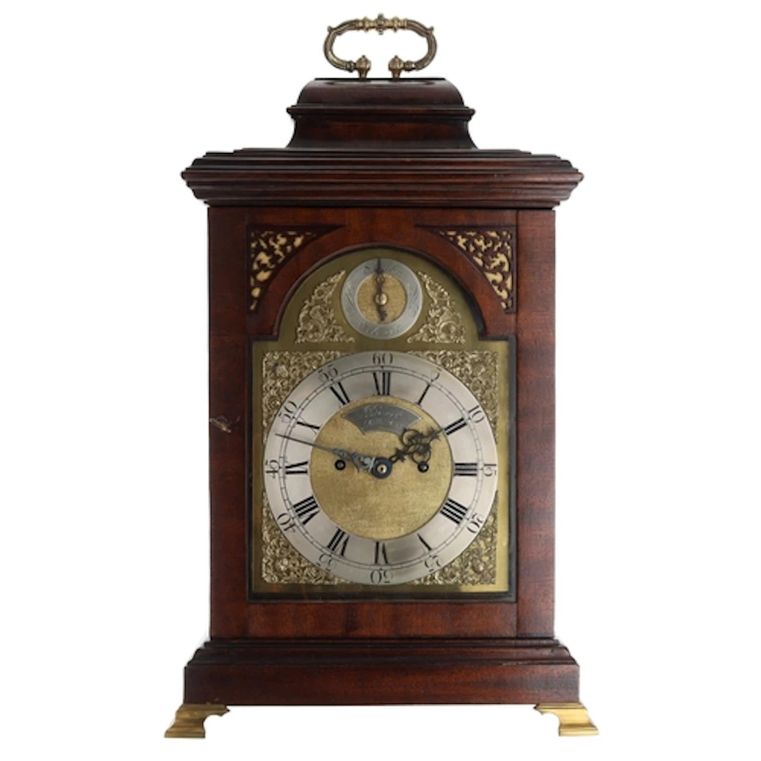 English mahogany twin fusee bracket clock, the 7" brass arch...
