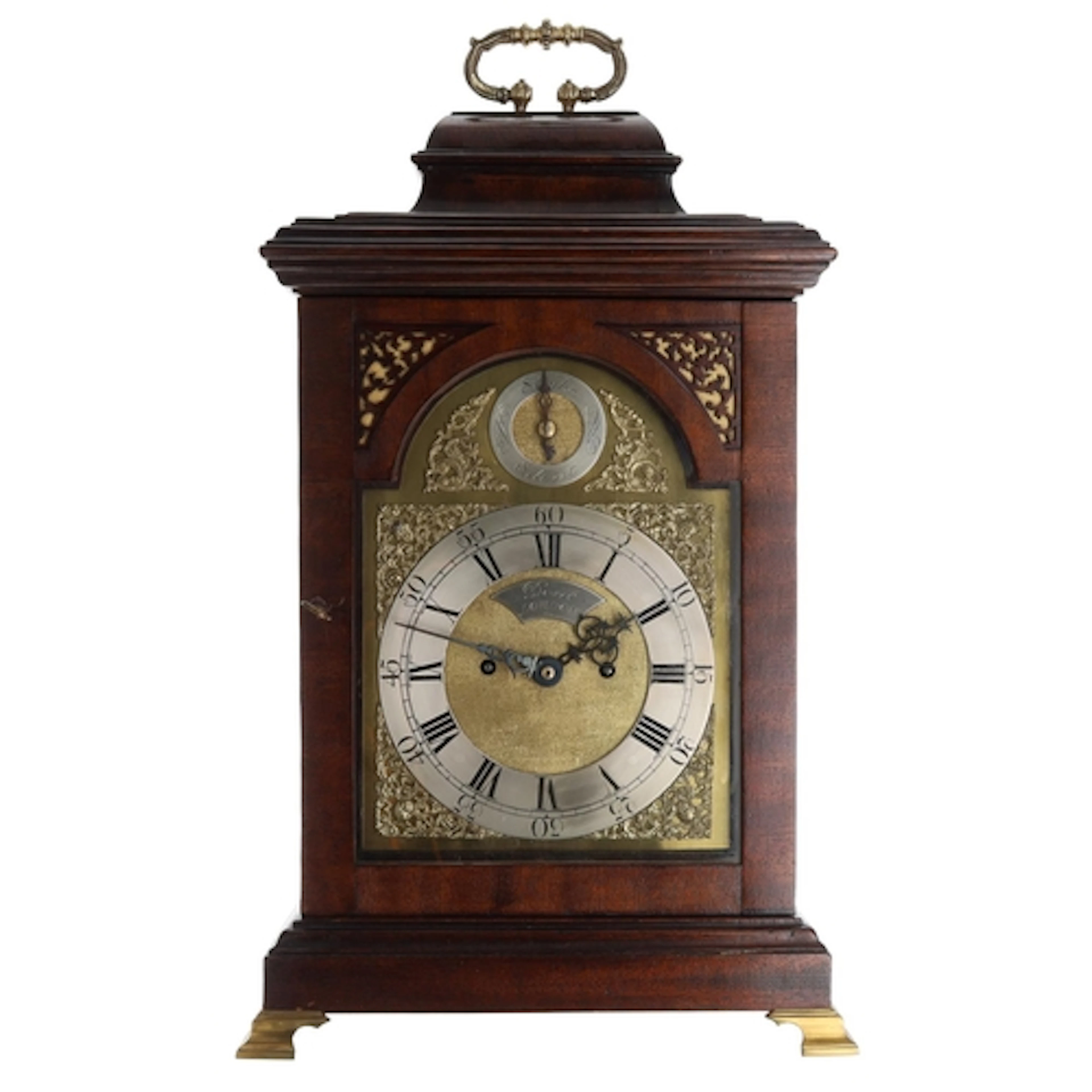 English mahogany twin fusee bracket clock, the 7" brass arch...