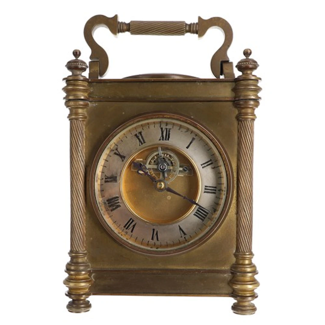 French brass carriage clock timepiece, the 3.5" circular dia...