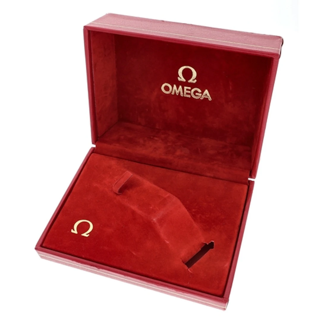 Omega red wristwatch box, with watch display (some peeling t...
