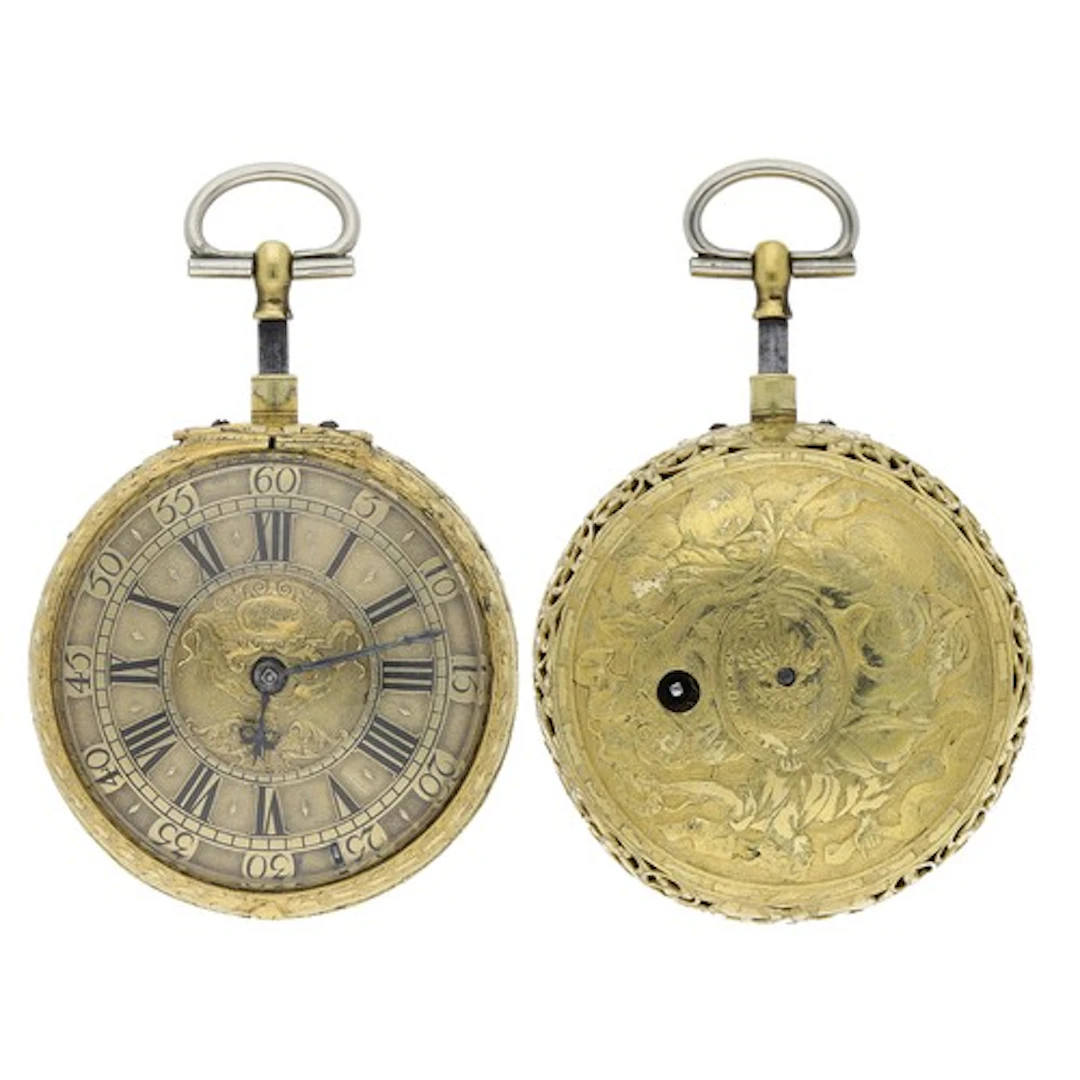 Daniel Quare, London - Fine English silver-gilt quarter repe...
