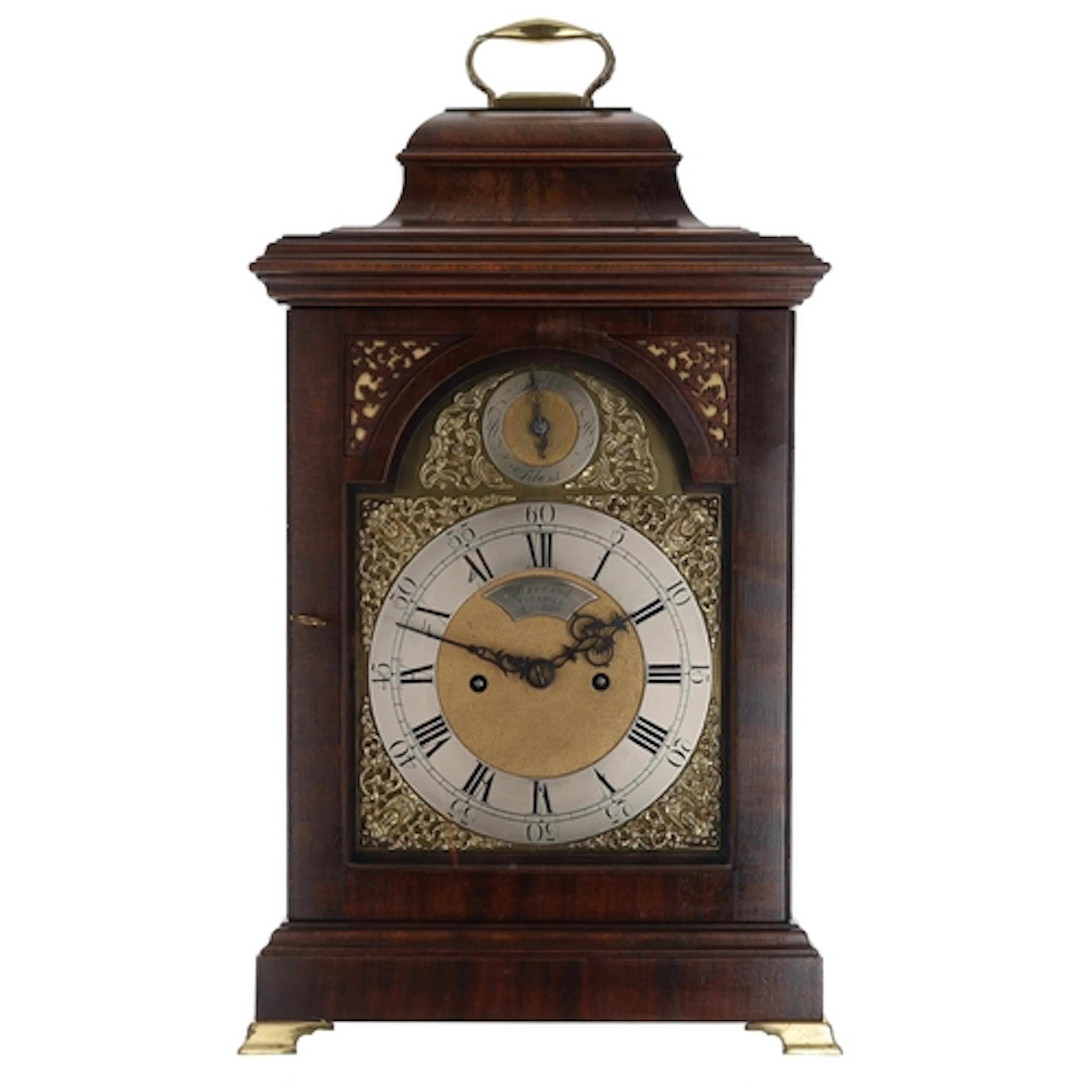 English mahogany twin fusee bracket clock, the 7" brass arch...