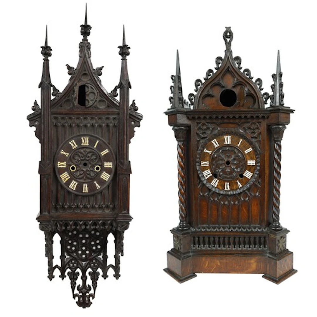 German Black Forest 19th century carved oak cuckoo mantel cl...