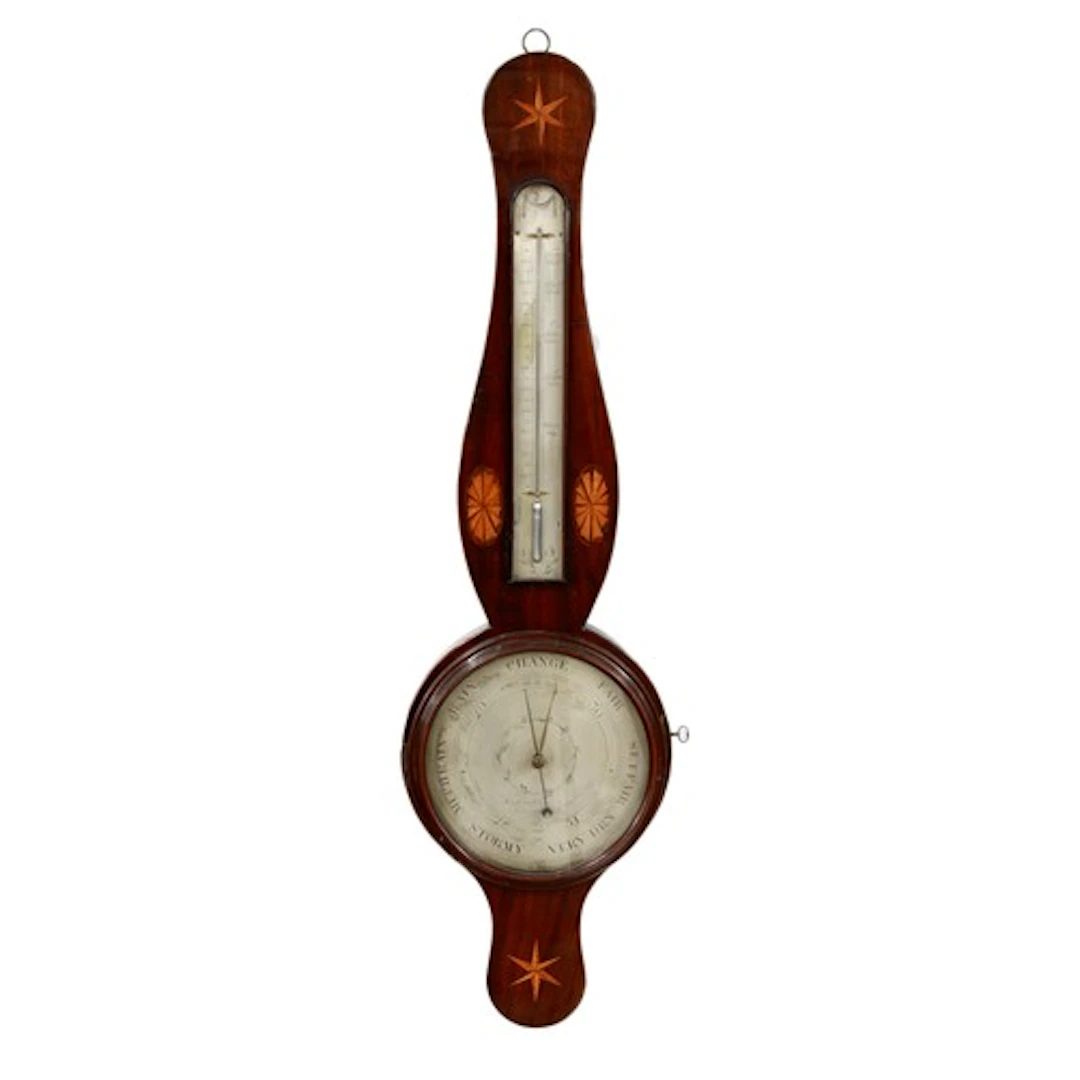 Rare George III wooden bezel mahogany inlaid wheel barometer...