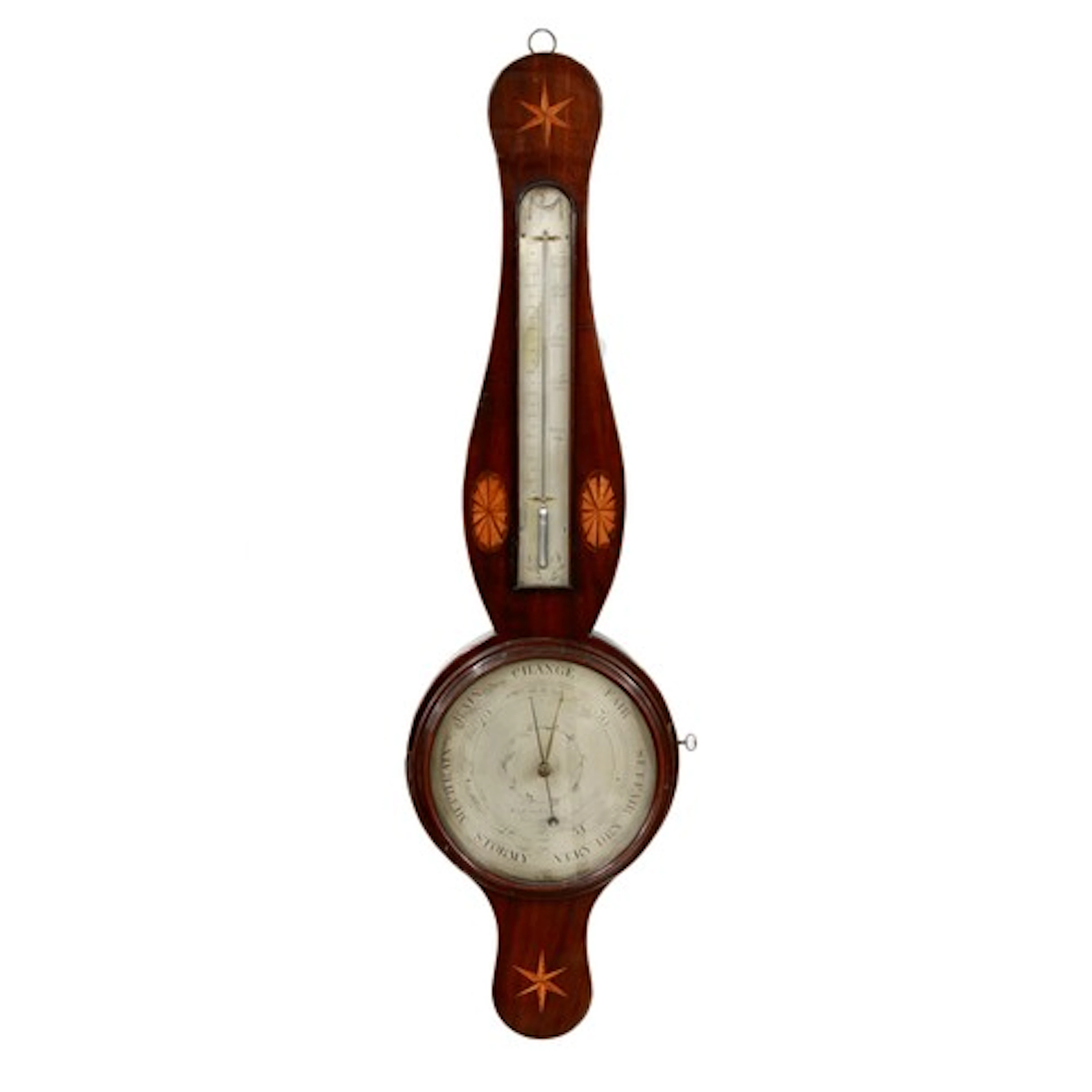 Rare George III wooden bezel mahogany inlaid wheel barometer...
