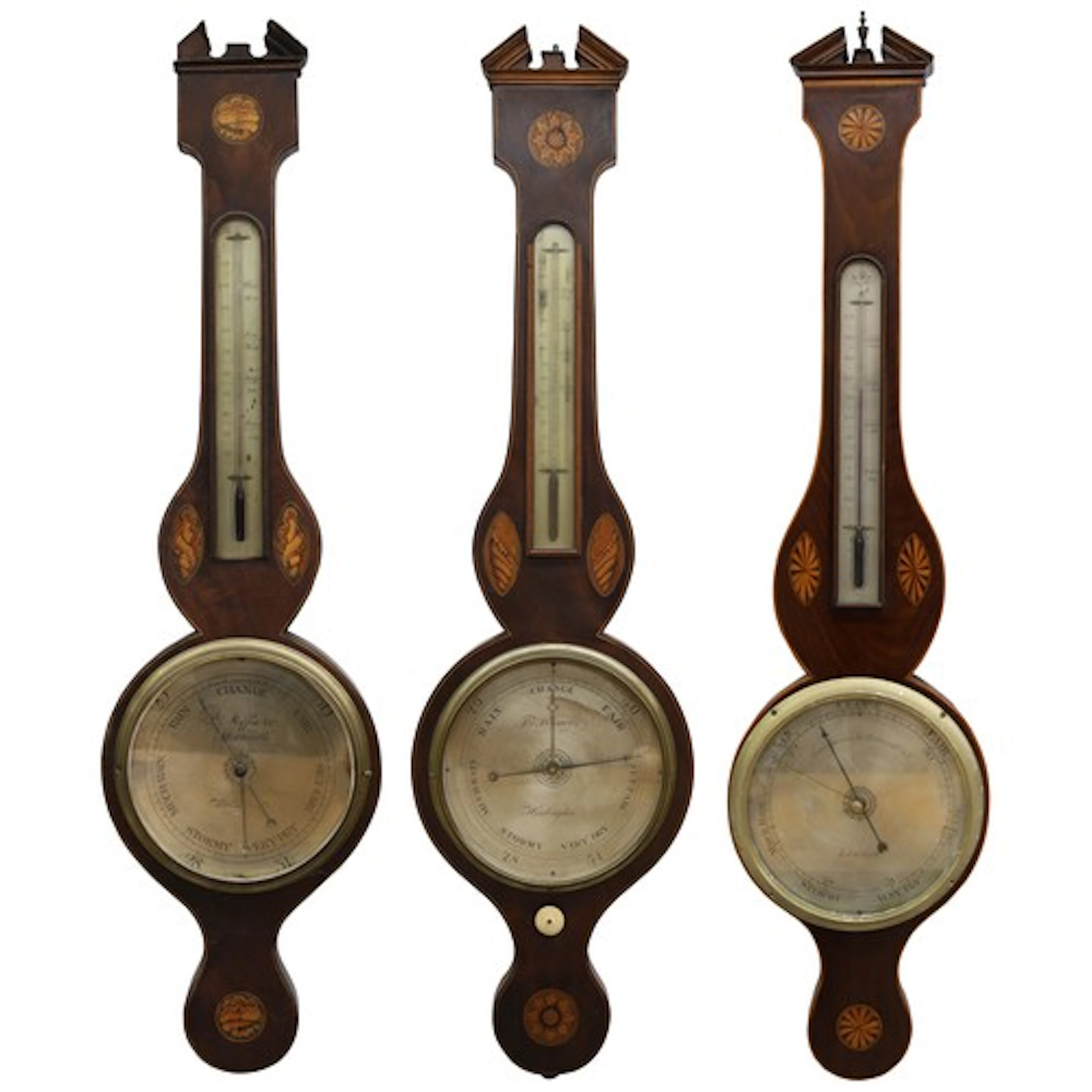 Group of three 19th century shell inlaid mahogany wheel baro...