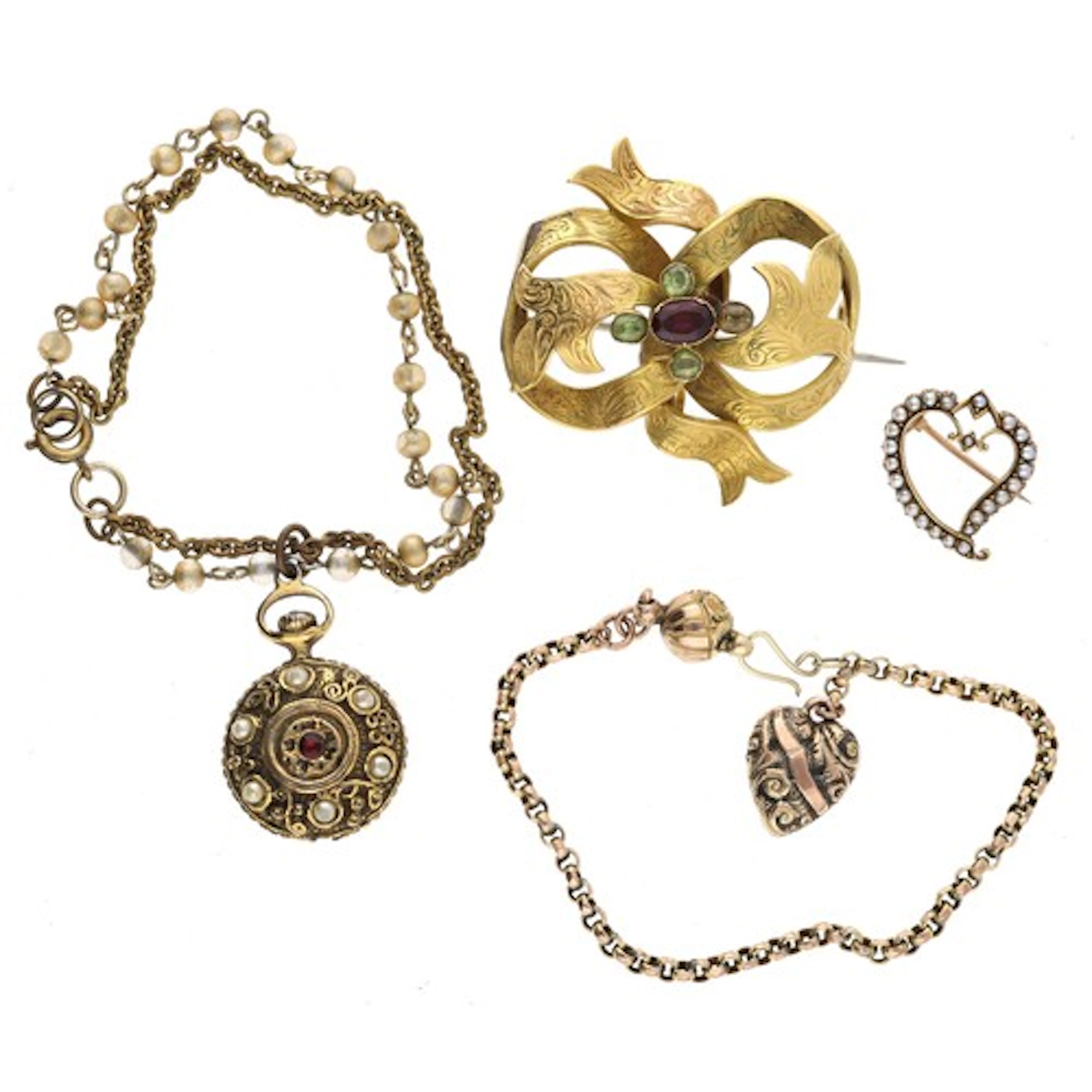 Victorian yellow metal open heart brooch set with seed pearl...