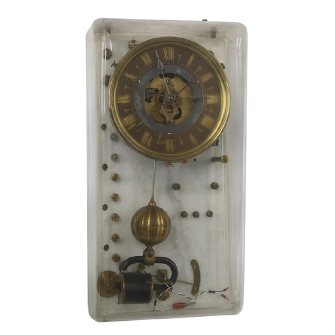 French electric wall clock, 7" brass skeletonised Roman nume...