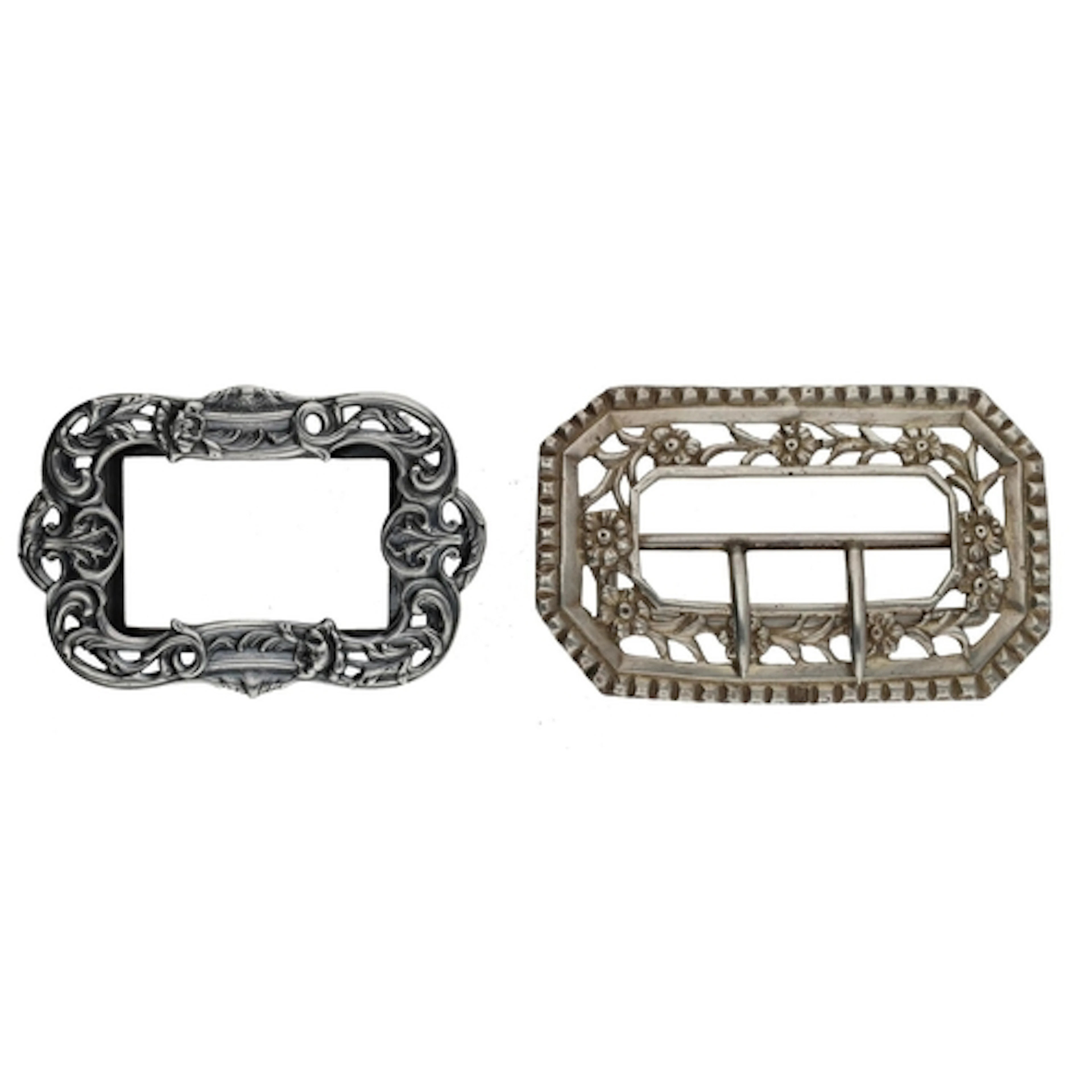 Two silver buckles with foliate and scroll designs, 62.9gm (...