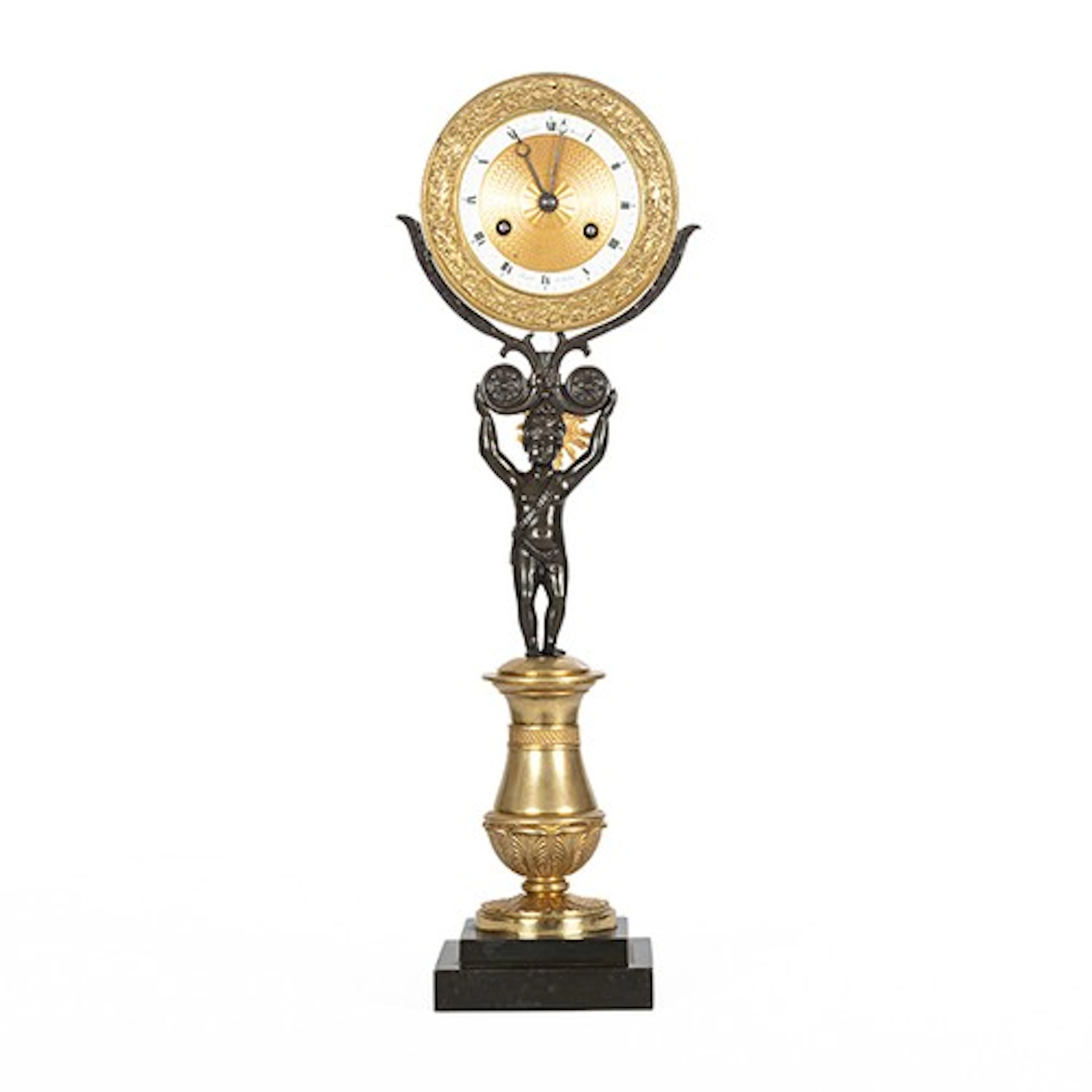 French Empire bronze and ormolu figural mantel clock, the 3....