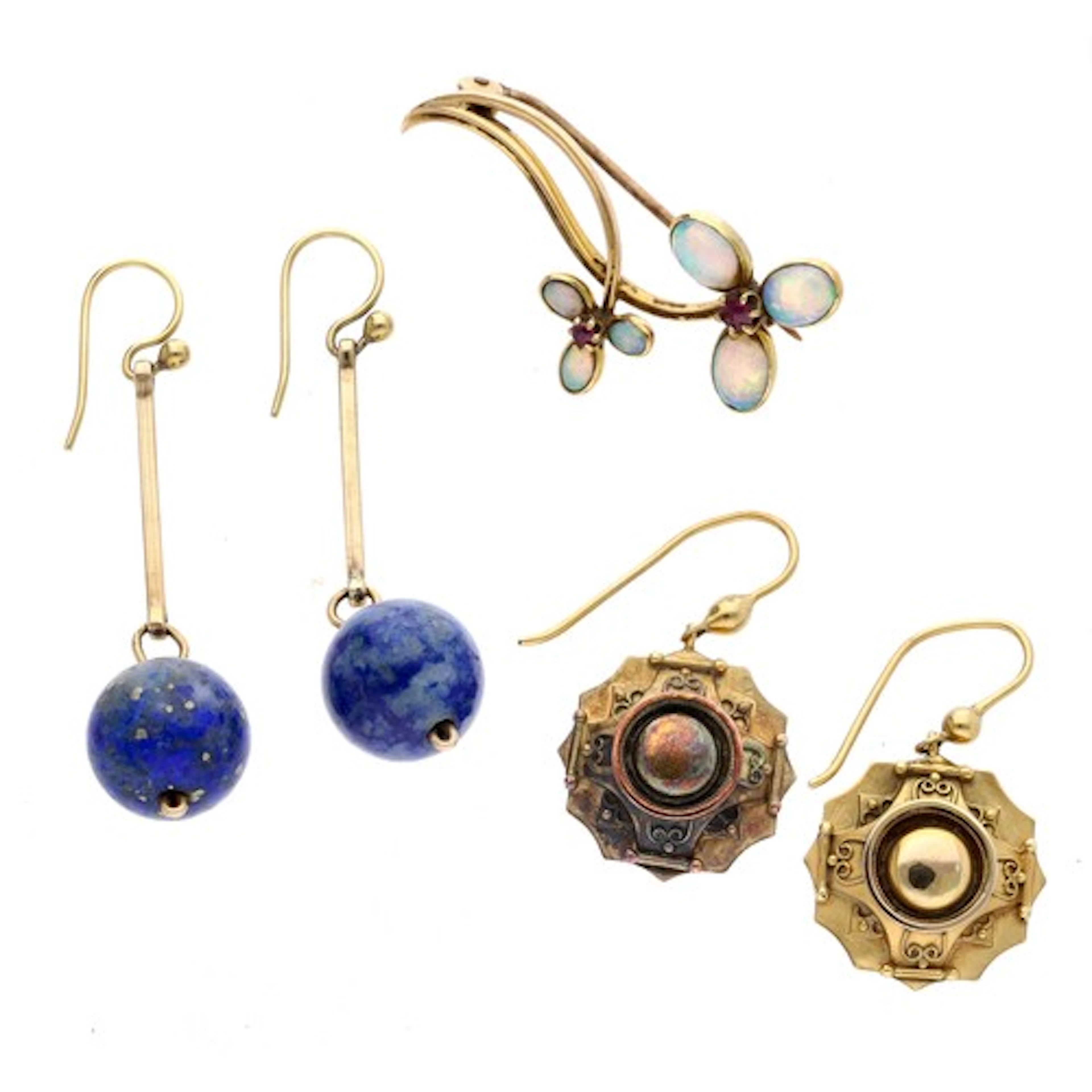 Pair of Victorian yellow metal drop earrings with hook backs...