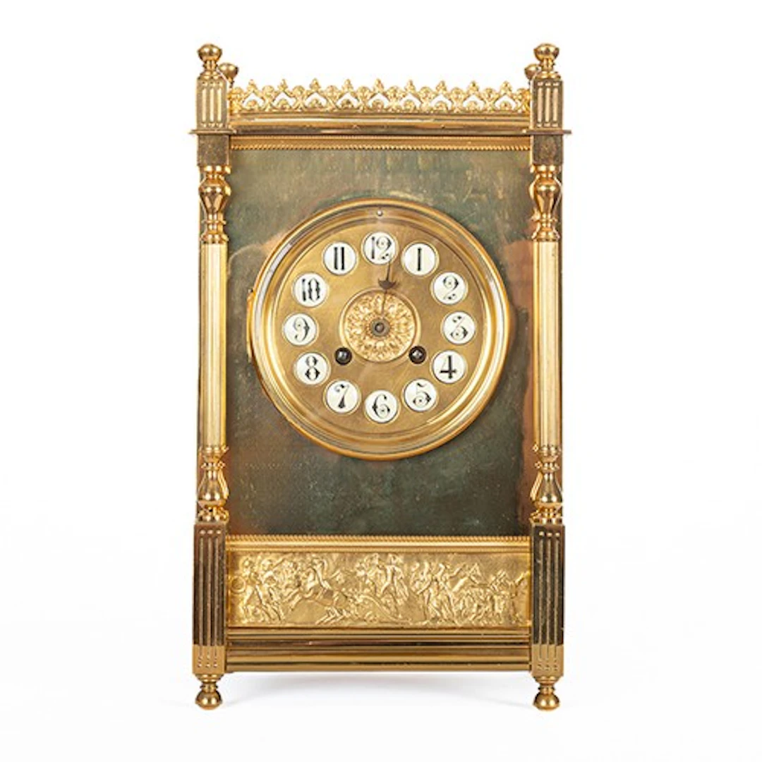 Late 19th century Aesthetic gilt brass mantel clock, the 4.2...