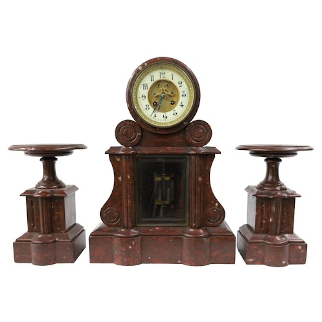 Late 19th century French rouge marble drumhead mantel clock ...