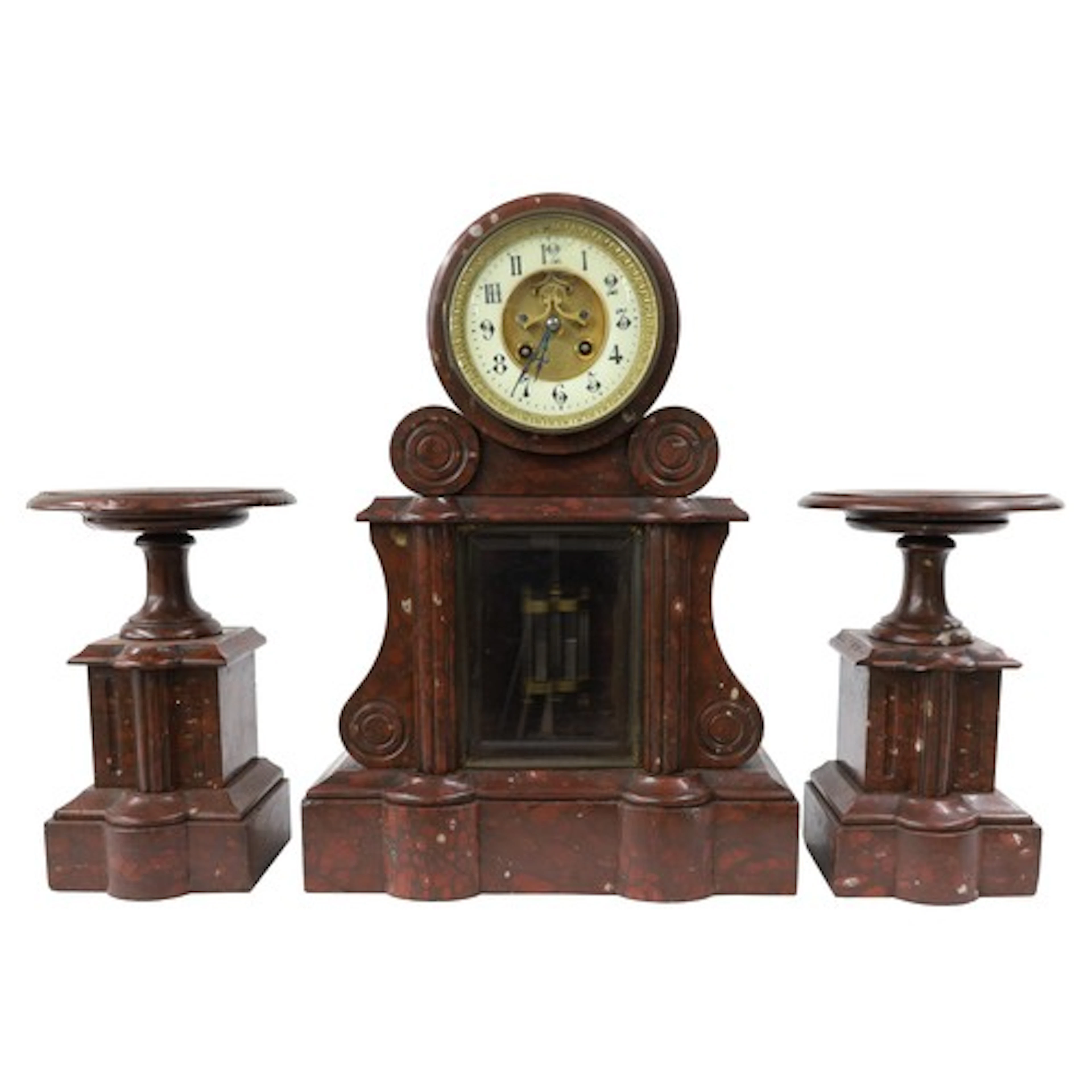 Late 19th century French rouge marble drumhead mantel clock ...