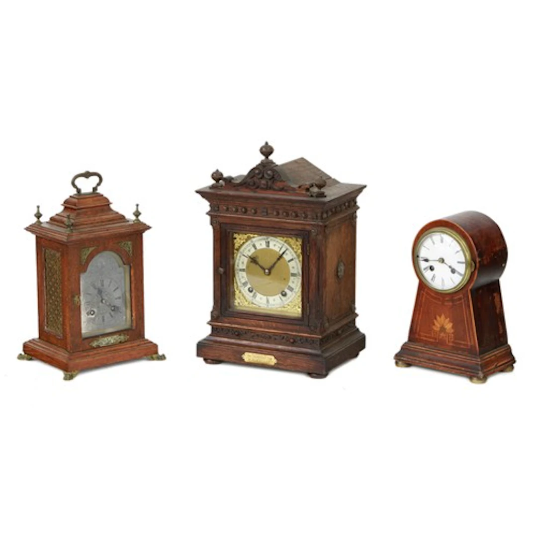 German WH oak two train striking mantel clock, the 6" brass ...