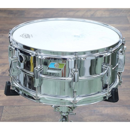 1970s Ludwig snare drum, chrome finish, blue/olive pointed c...