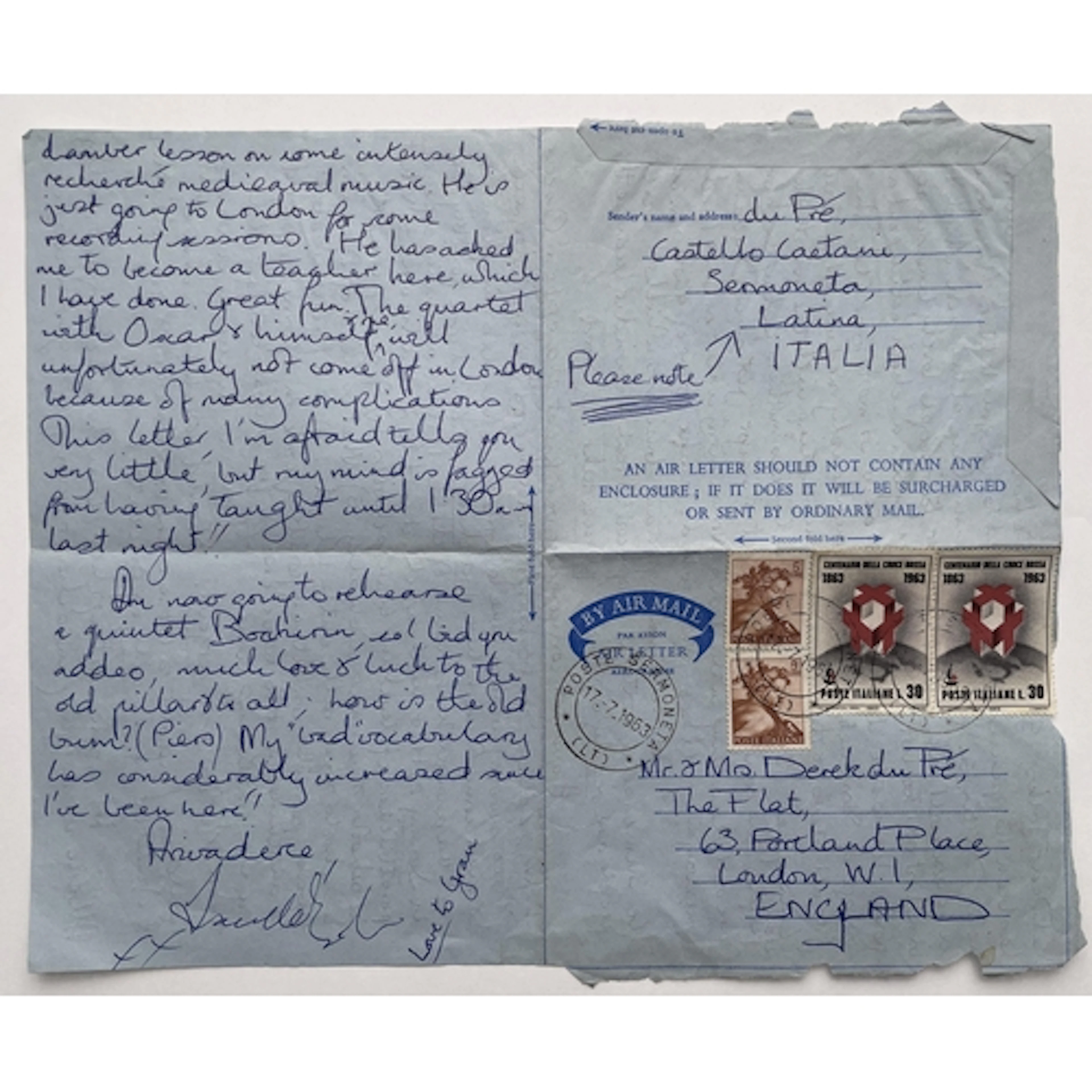 An Airmail letter - to Mr and Mrs Derek du Pré (Dear Folks) ...