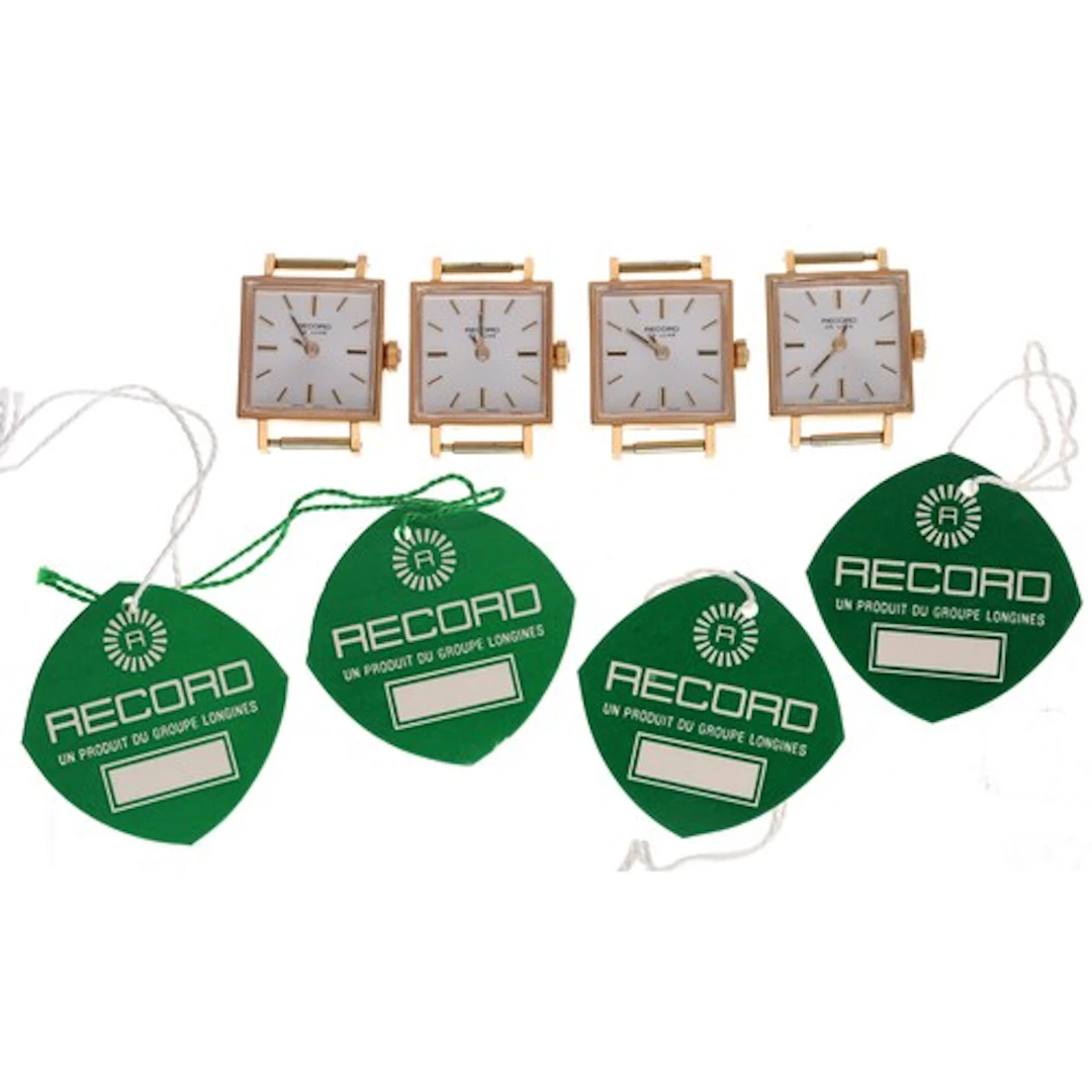 Four Record De Luxe square cased gold plated and stainless s...