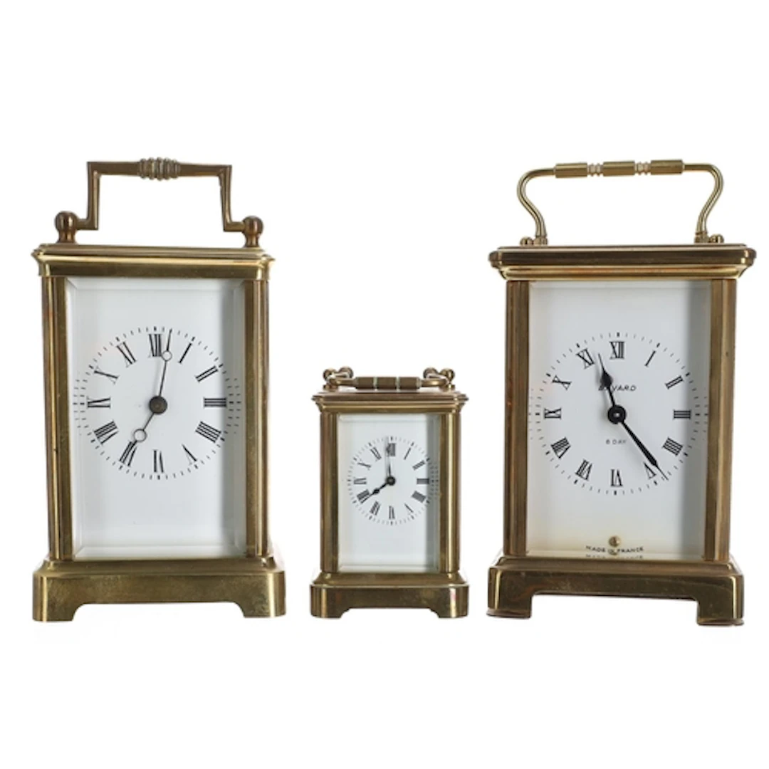 French brass miniature carriage clock timepiece, white ename...
