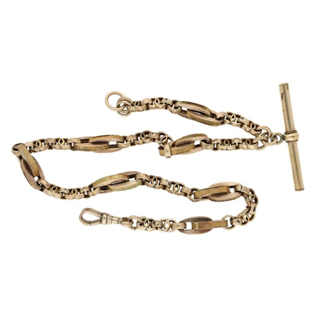 Yellow metal fancy link watch Albert chain, with plated T-ba...