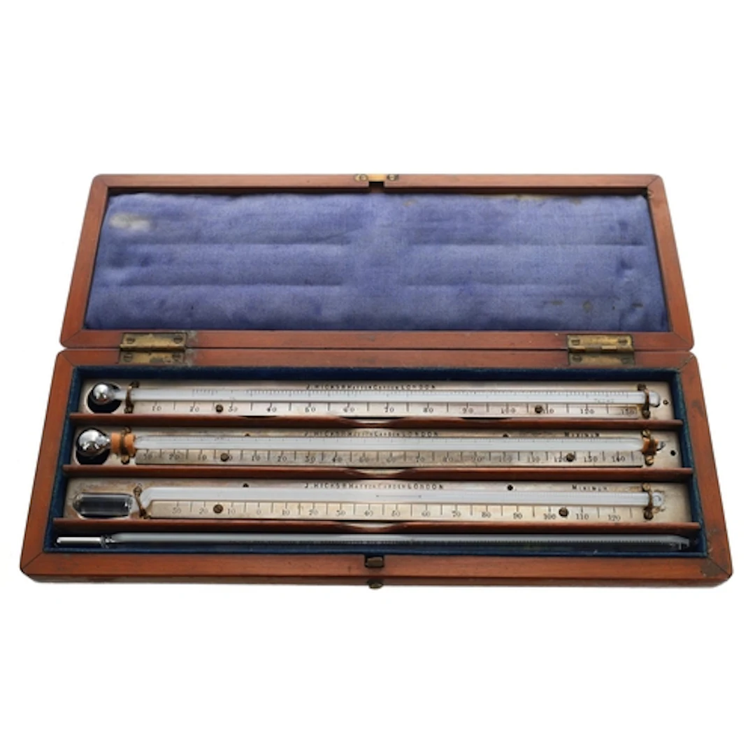 J. Hicks, 8 Hatton Garden mahogany cased set of three thermo...