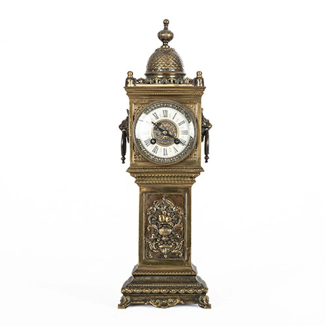 Unusual late 19th century brass tower mantel clock, the 3.25...