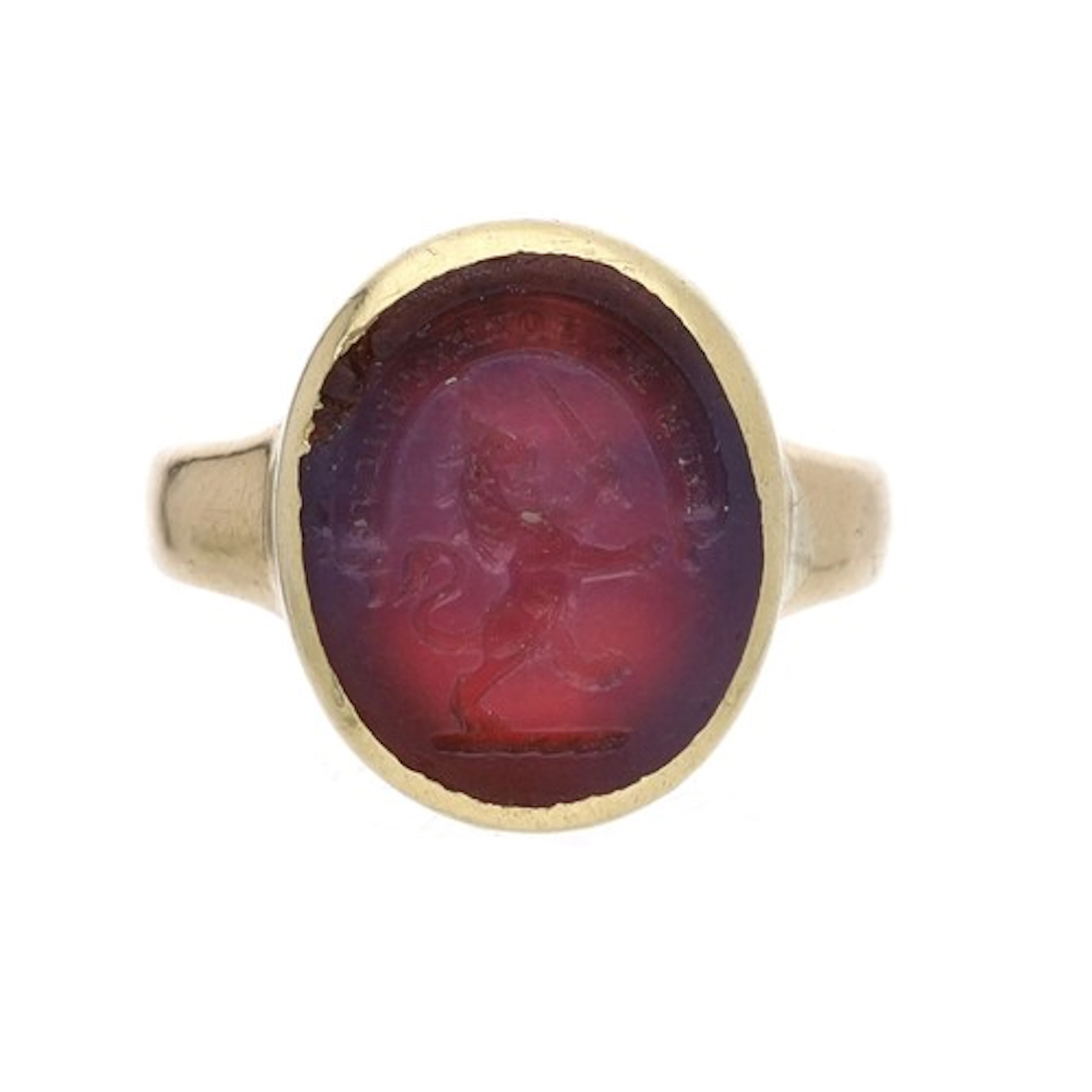 Antique 18ct intaglio sardonyx armorial ring, depicting a fa...