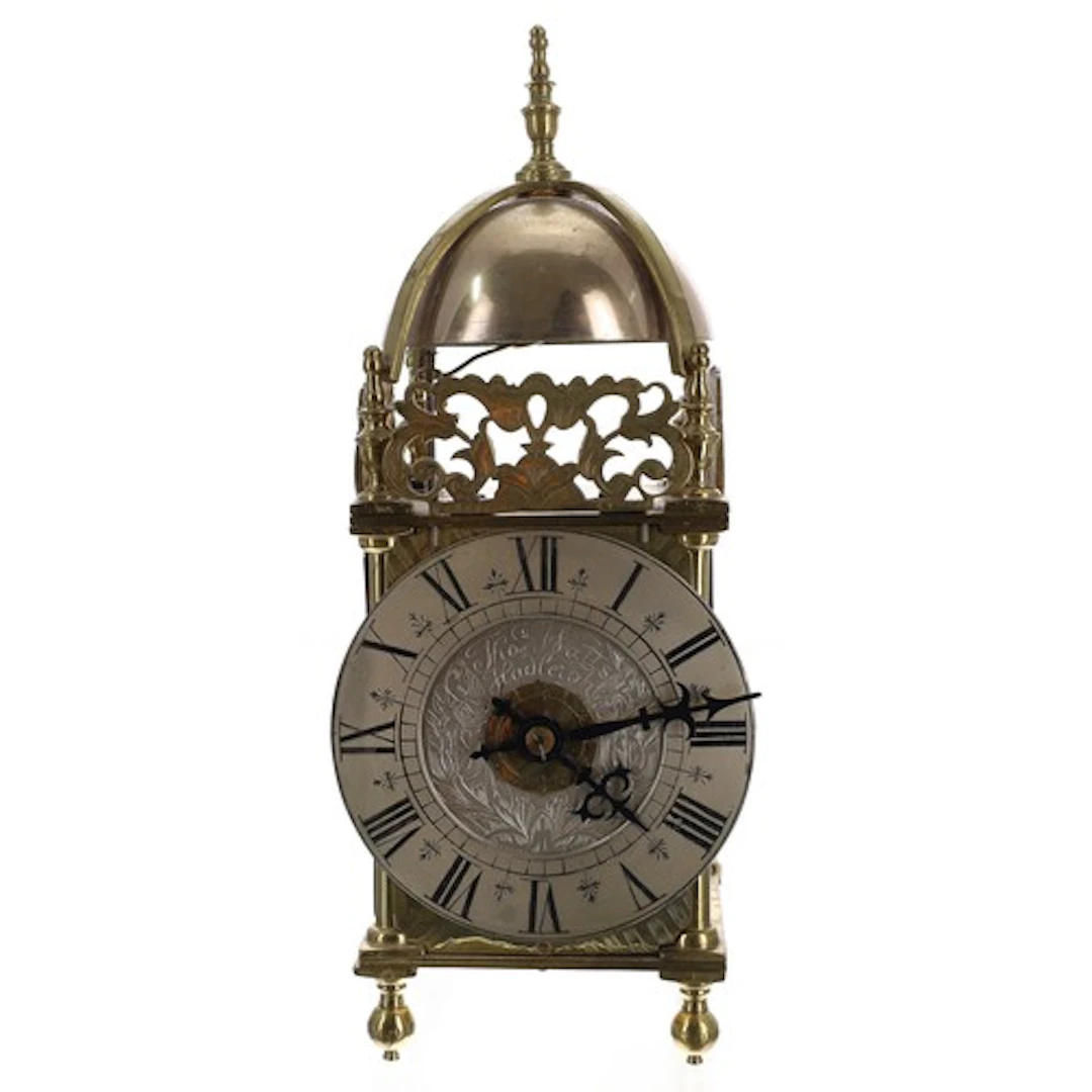 Small brass striking lantern clock, the 3.75" silvered dial ...