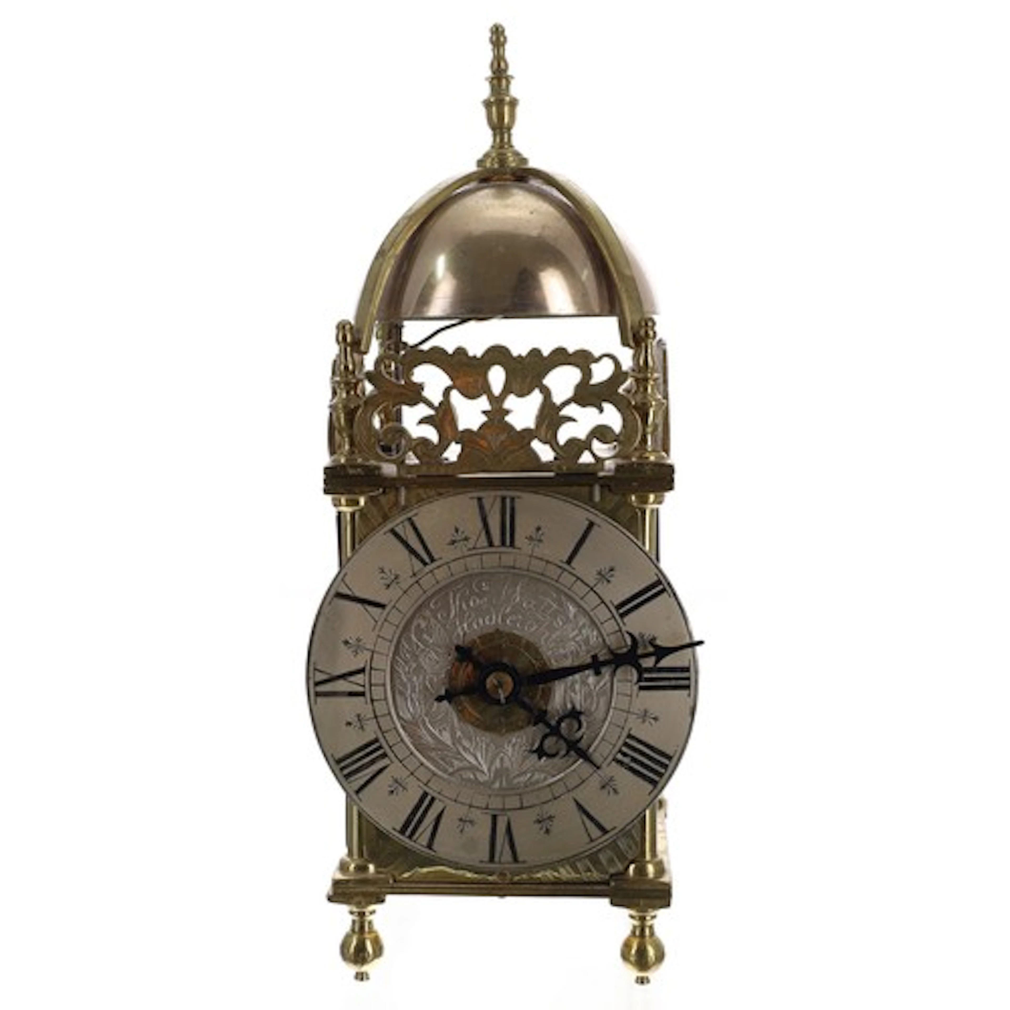 Small brass striking lantern clock, the 3.75" silvered dial ...