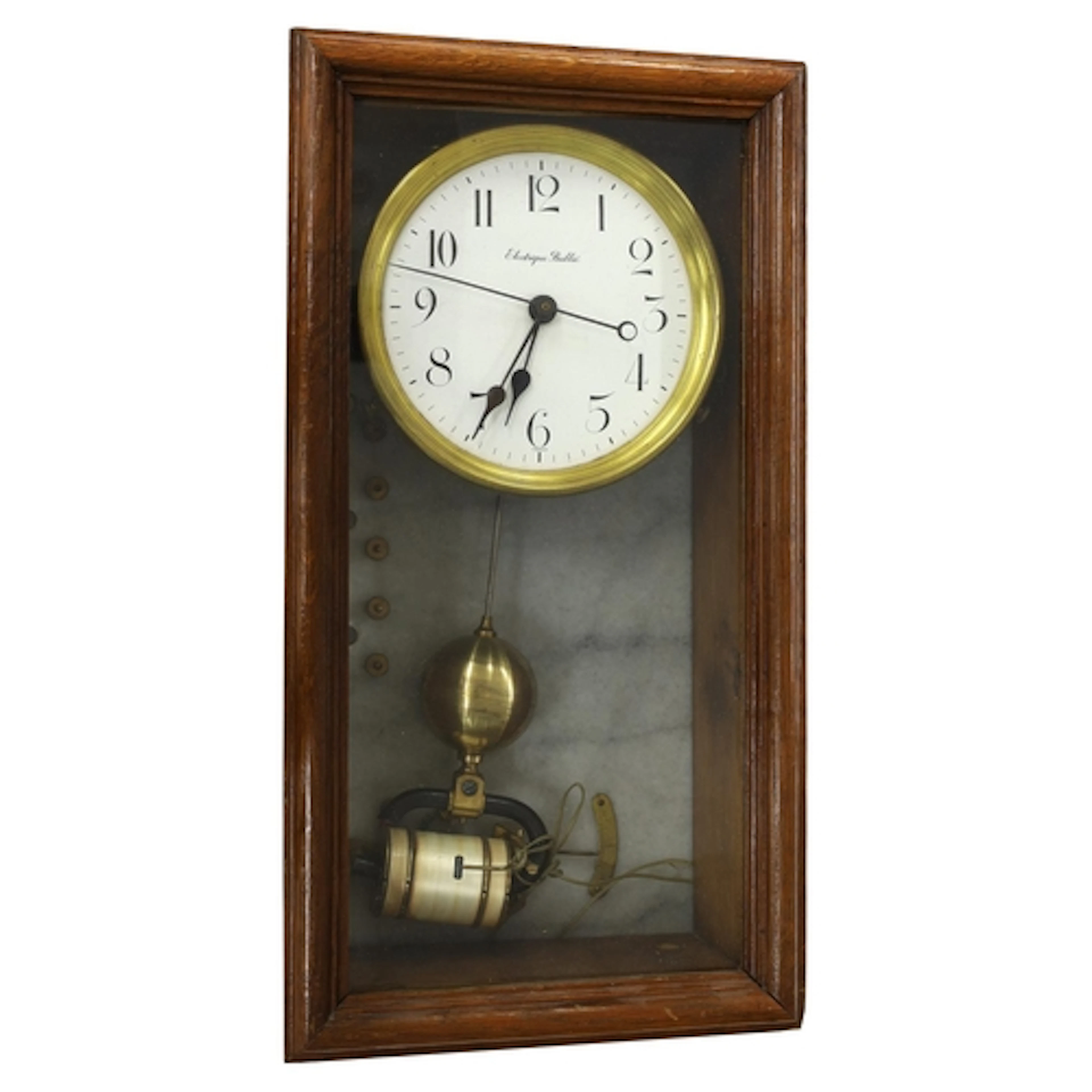 French Brillié electric oak wall clock, 7" enamelled dial in...