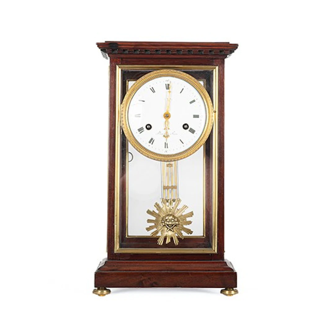 French Directoire mahogany and gilt brass mounted mantel clo...