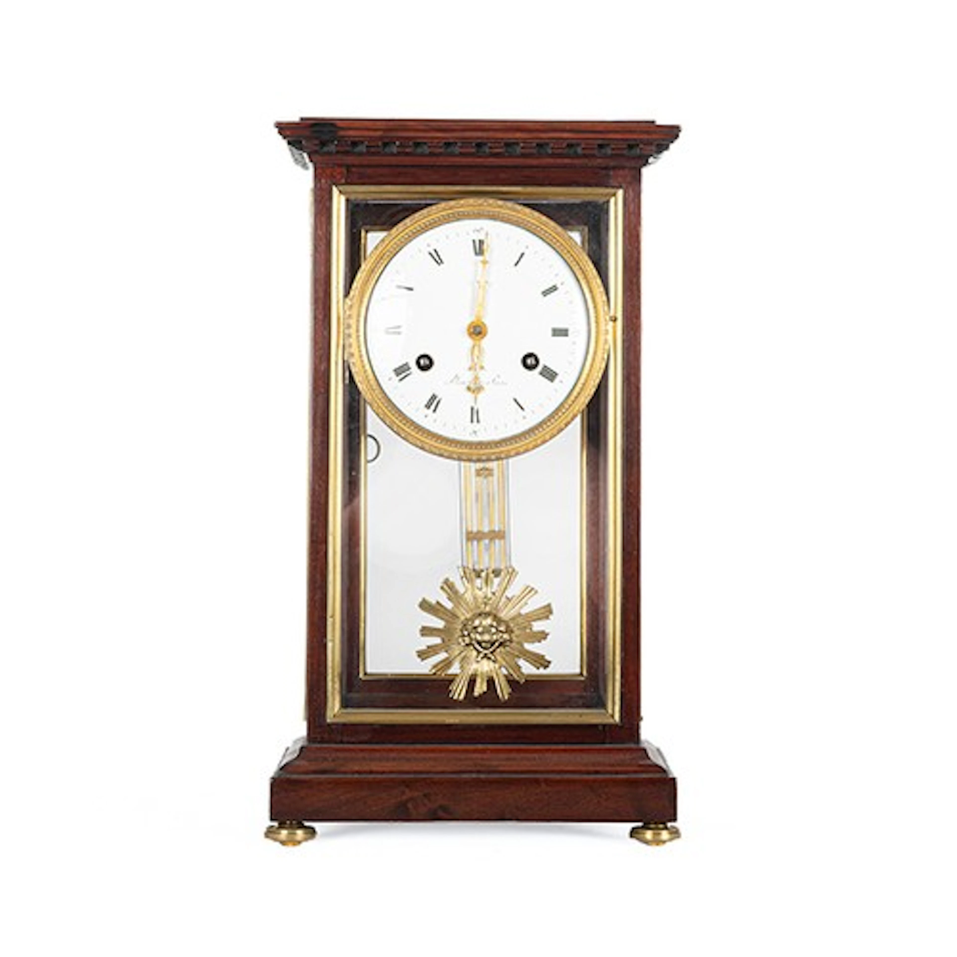 French Directoire mahogany and gilt brass mounted mantel clo...