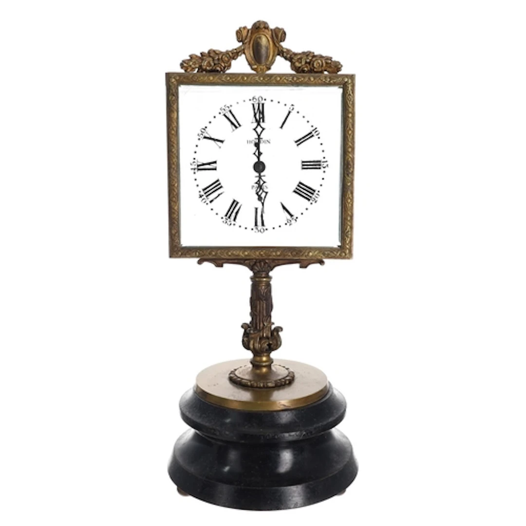 Rare French ormolu mystery clock timepiece, the 5" square be...