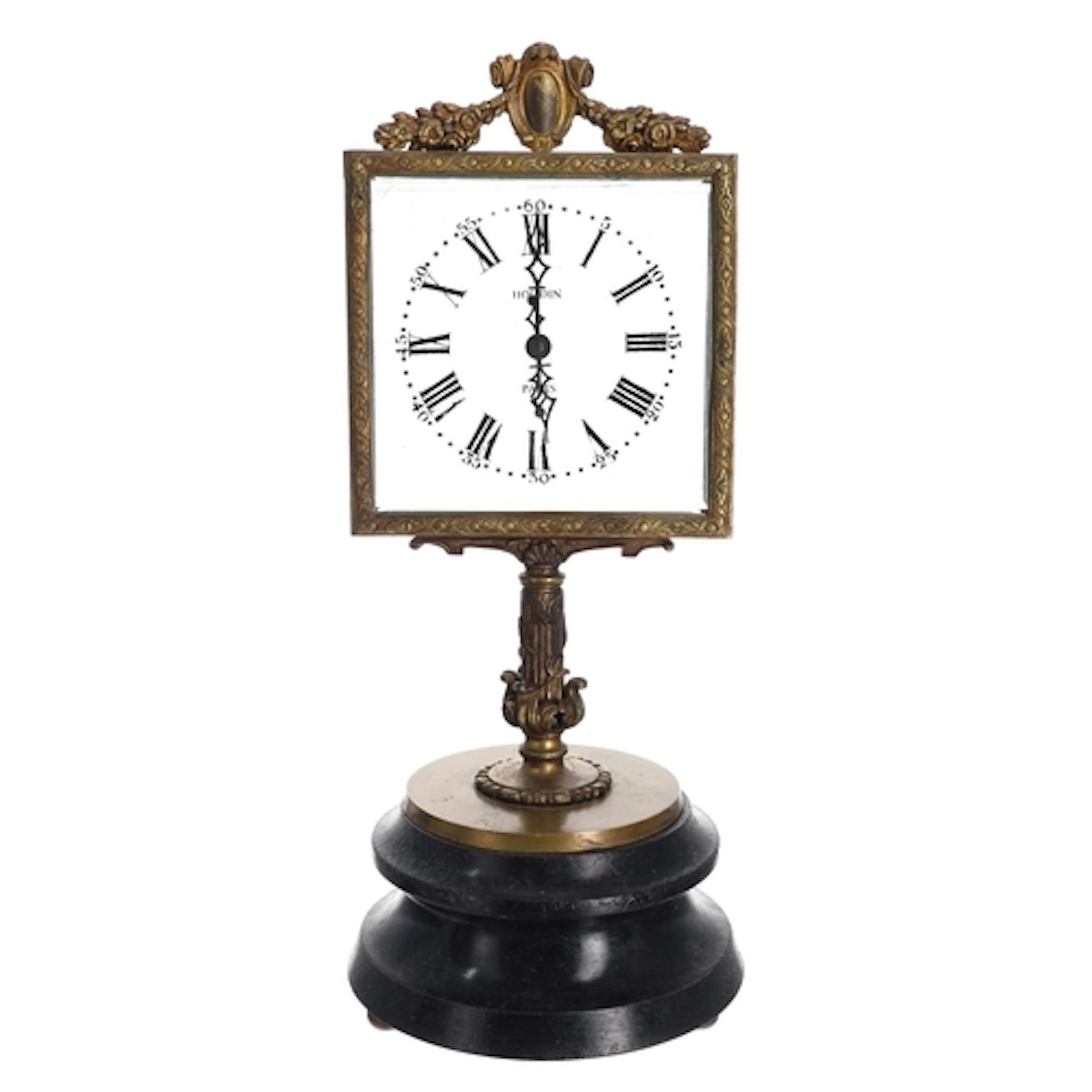 Rare French ormolu mystery clock timepiece, the 5" square be...