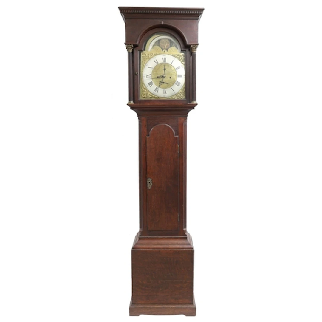 George III oak eight day longcase clock, the 13" brass arche...