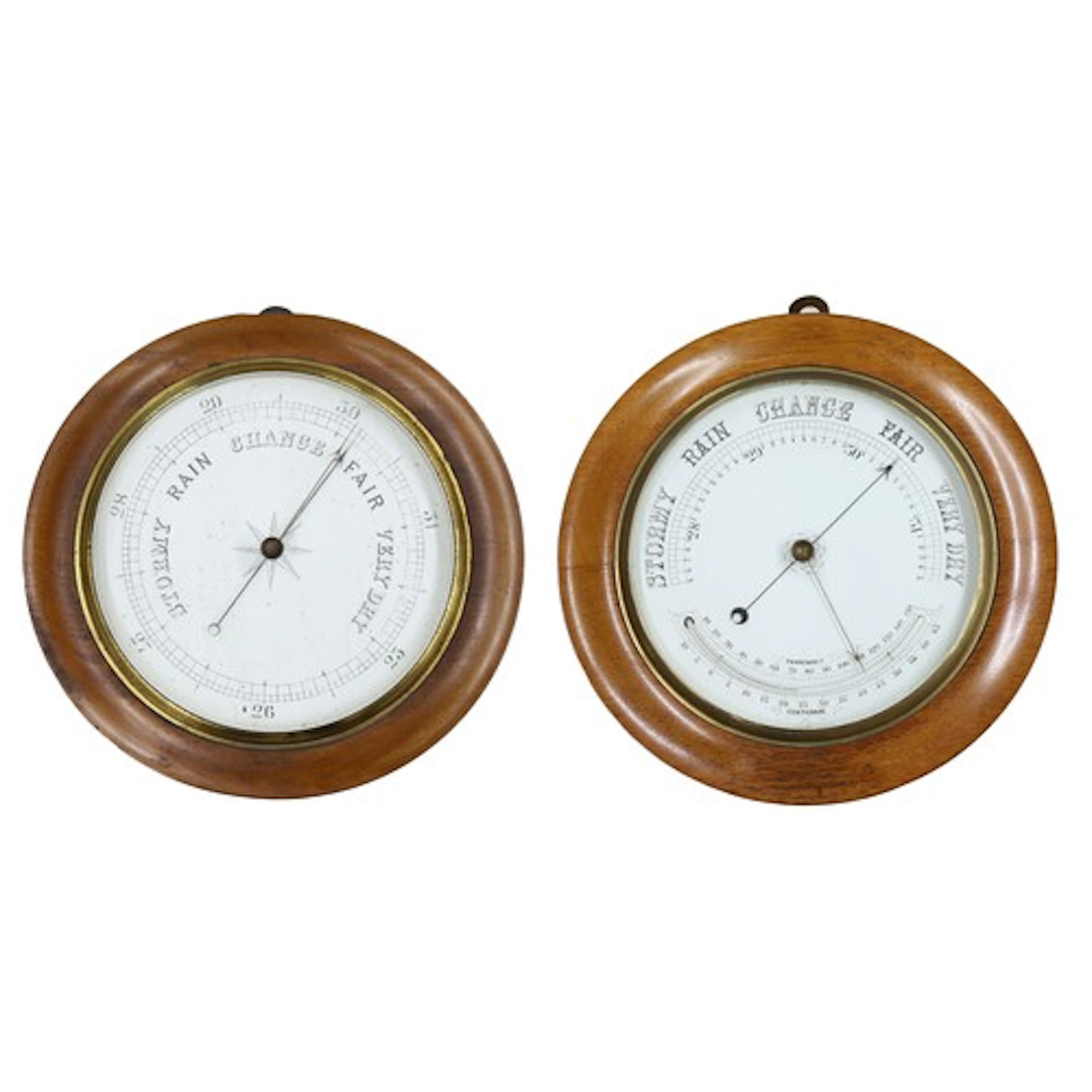 Circular oak wall barometer/thermometer with a white enamell...