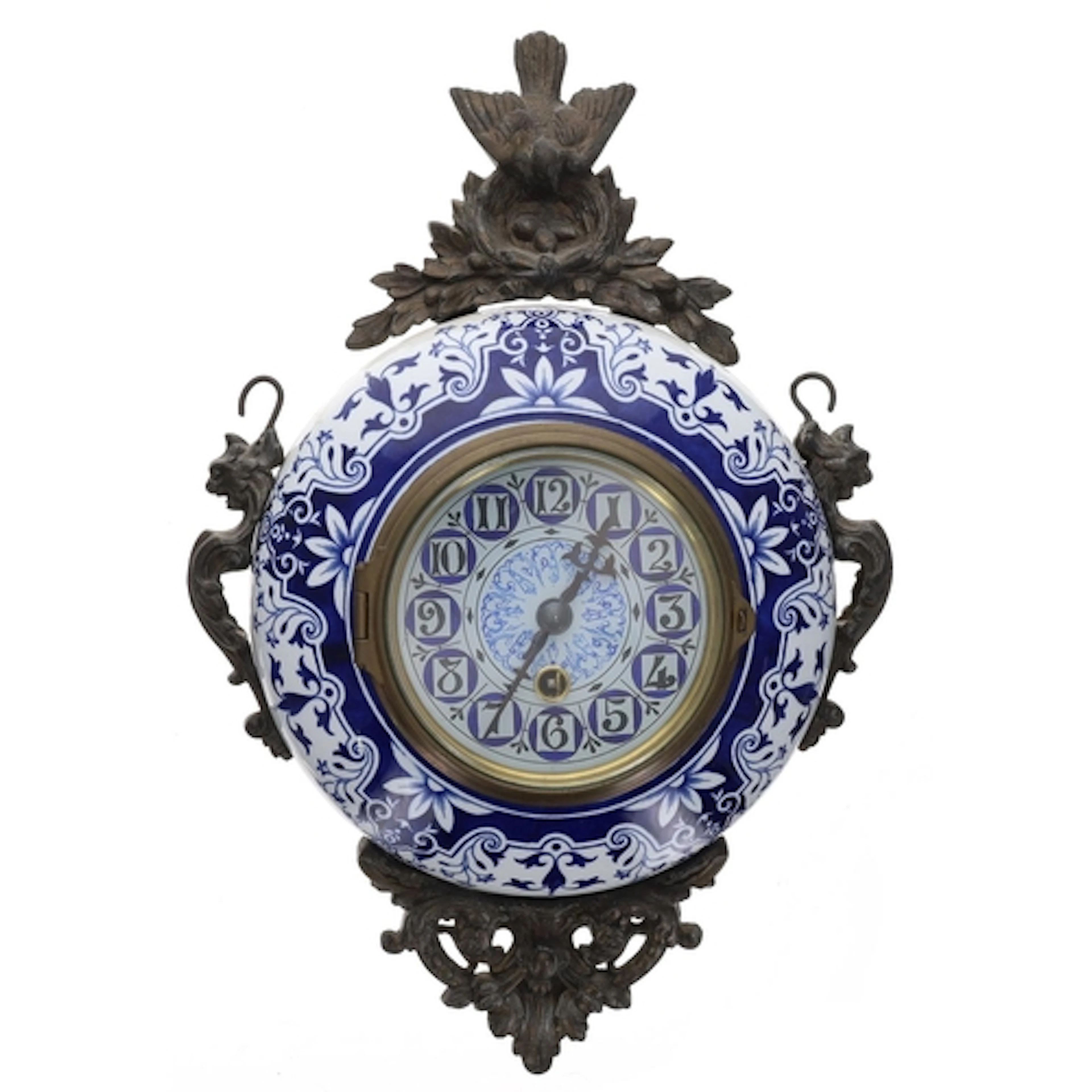 French Delft pottery and cast metal hanging wall clock suspe...