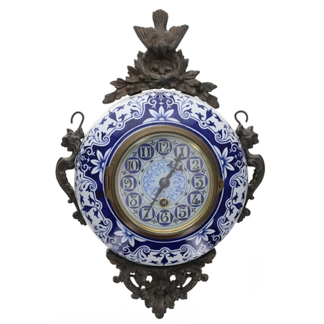 French Delft pottery and cast metal hanging wall clock suspe...